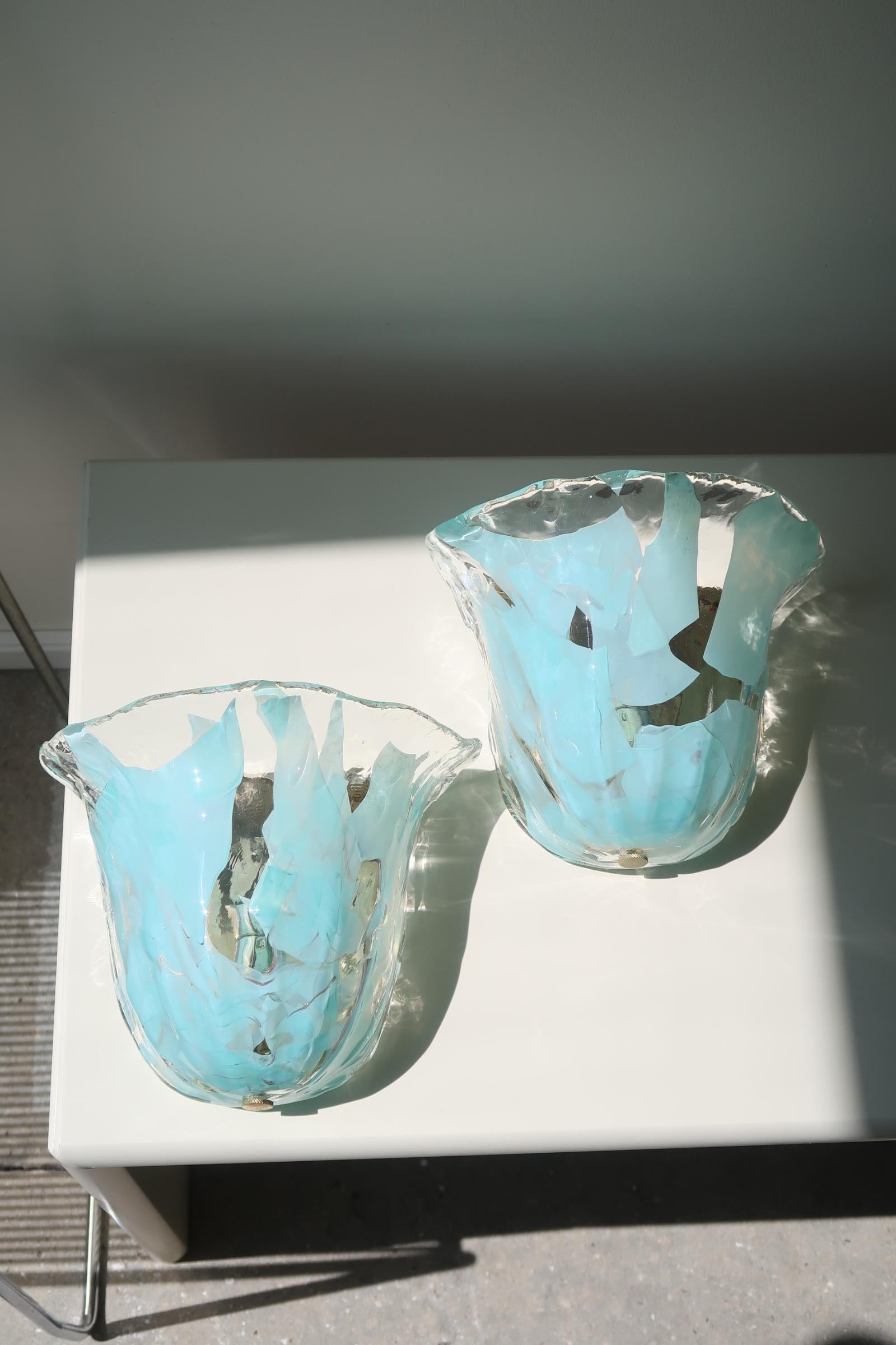 Pair of Vintage La Murrina Signed Murano Glass Turquoise Aqua Scone Wall Lamps  3