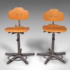 Pair of Vintage Laboratory Chairs, German, Beech, Adjustable, Bar Stool, Kitchen