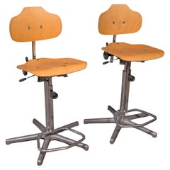 Pair of Vintage Laboratory Chairs, German, Beech, Adjustable, Bar Stool, Kitchen
