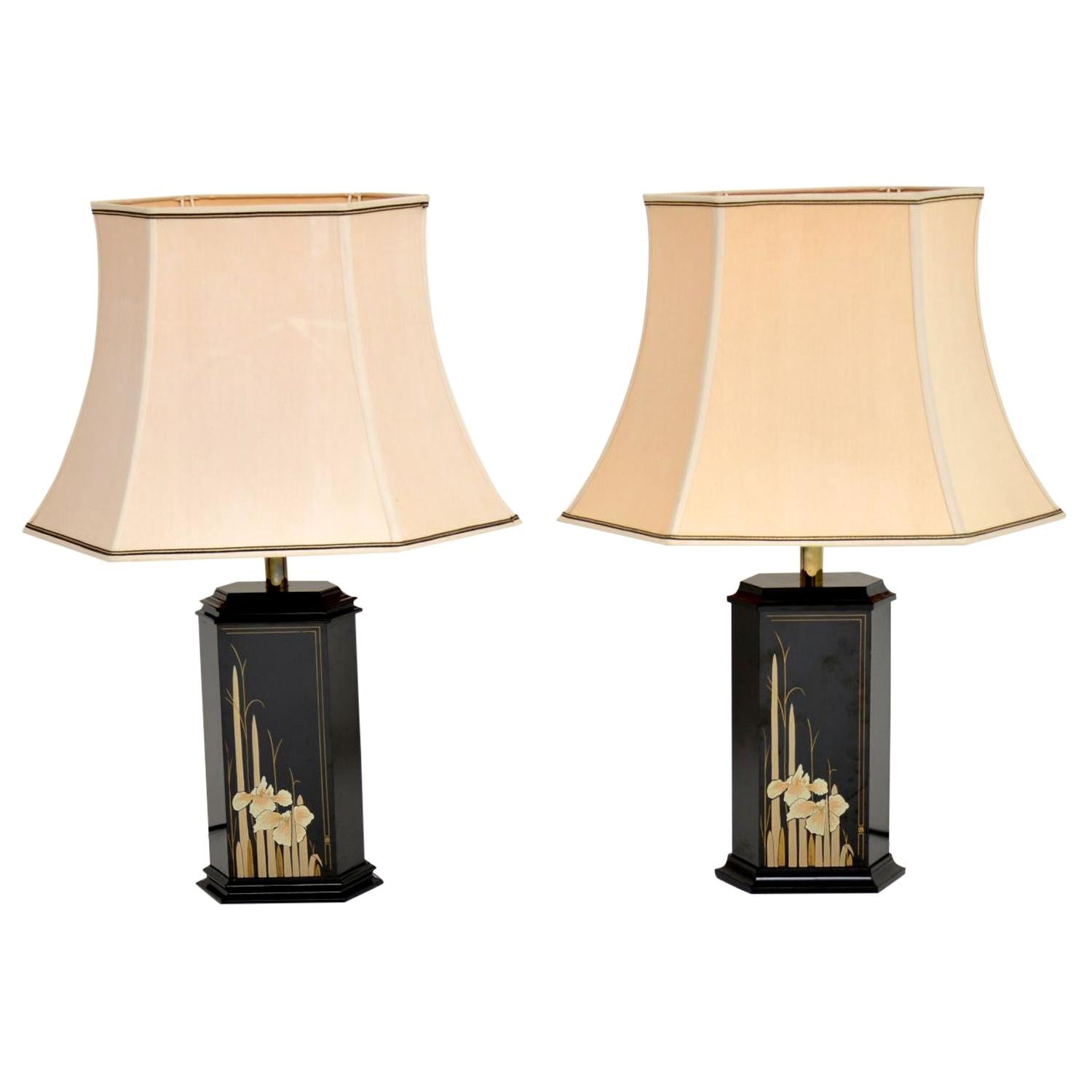 Pair of Vintage Lacquered Chinoiserie and Brass Table Lamps