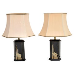 Pair of Vintage Lacquered Chinoiserie and Brass Table Lamps