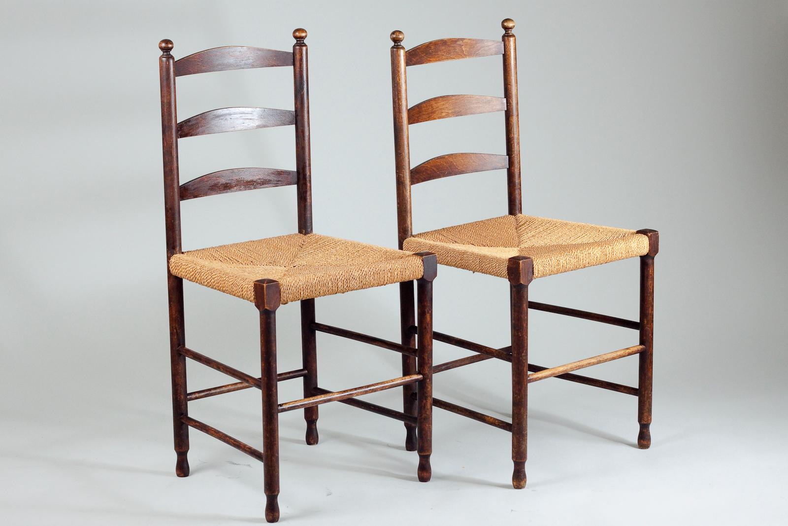 Scandinavian Pair of Vintage Ladder Back Shaker Chairs with Rush Seat For Sale