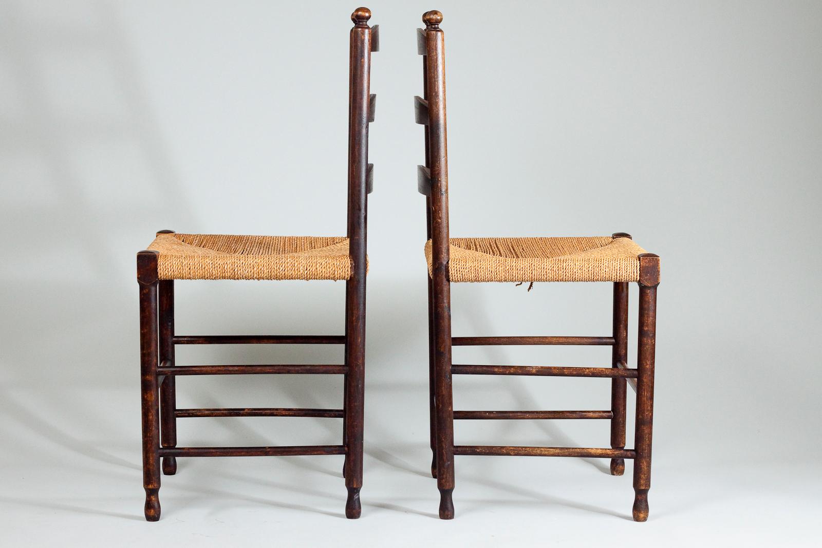 Hand-Woven Pair of Vintage Ladder Back Shaker Chairs with Rush Seat For Sale