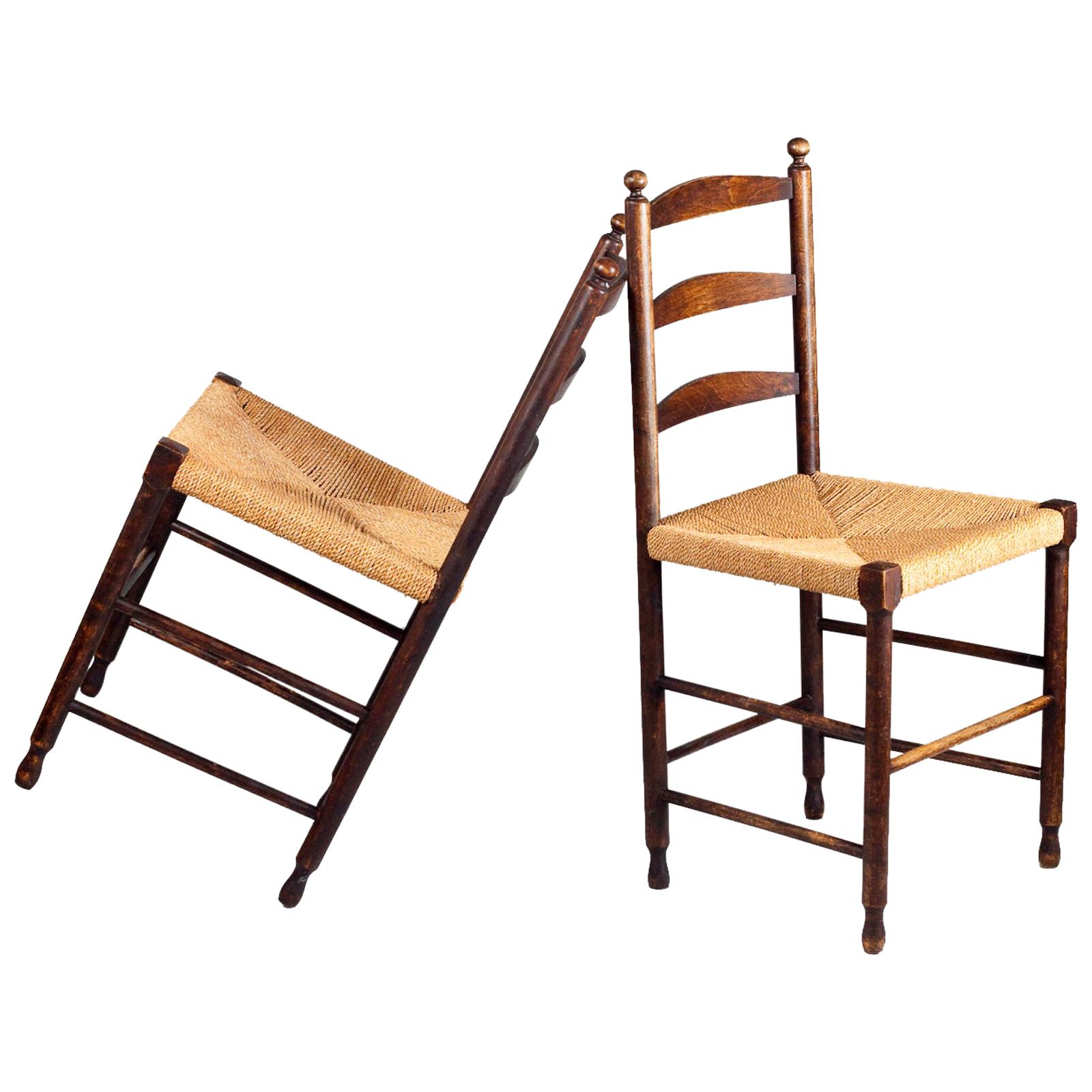 Pair of Vintage Ladder Back Shaker Chairs with Rush Seat For Sale