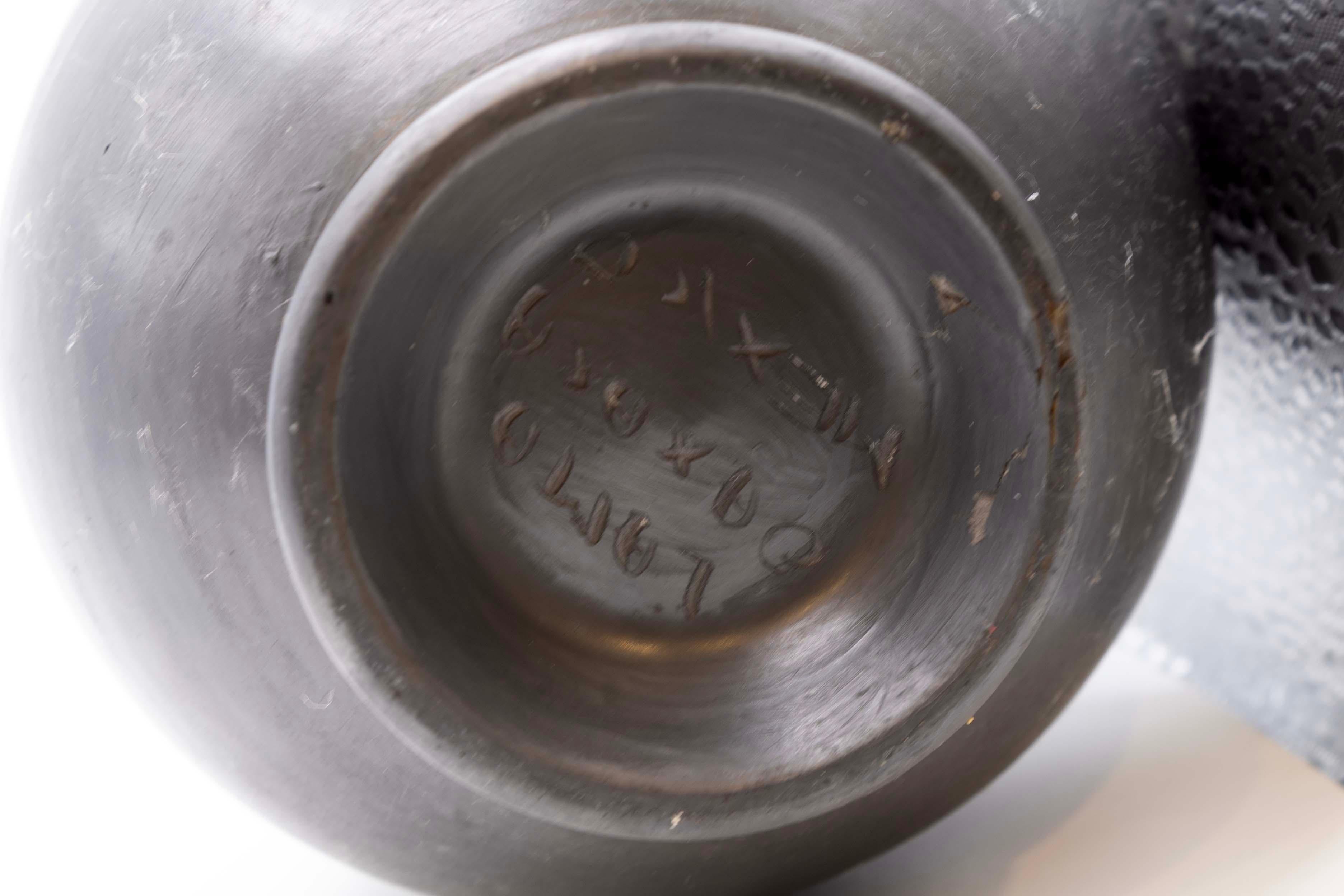 Pottery Pair of Vintage Lama Oaxaca Native Mexican Black Clay Vessels w/ Carved Designs