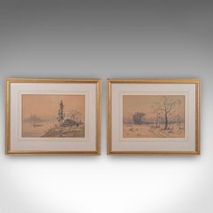 Pair of Vintage Landscape Paintings, Oriental, Watercolour, Art, Mid Century