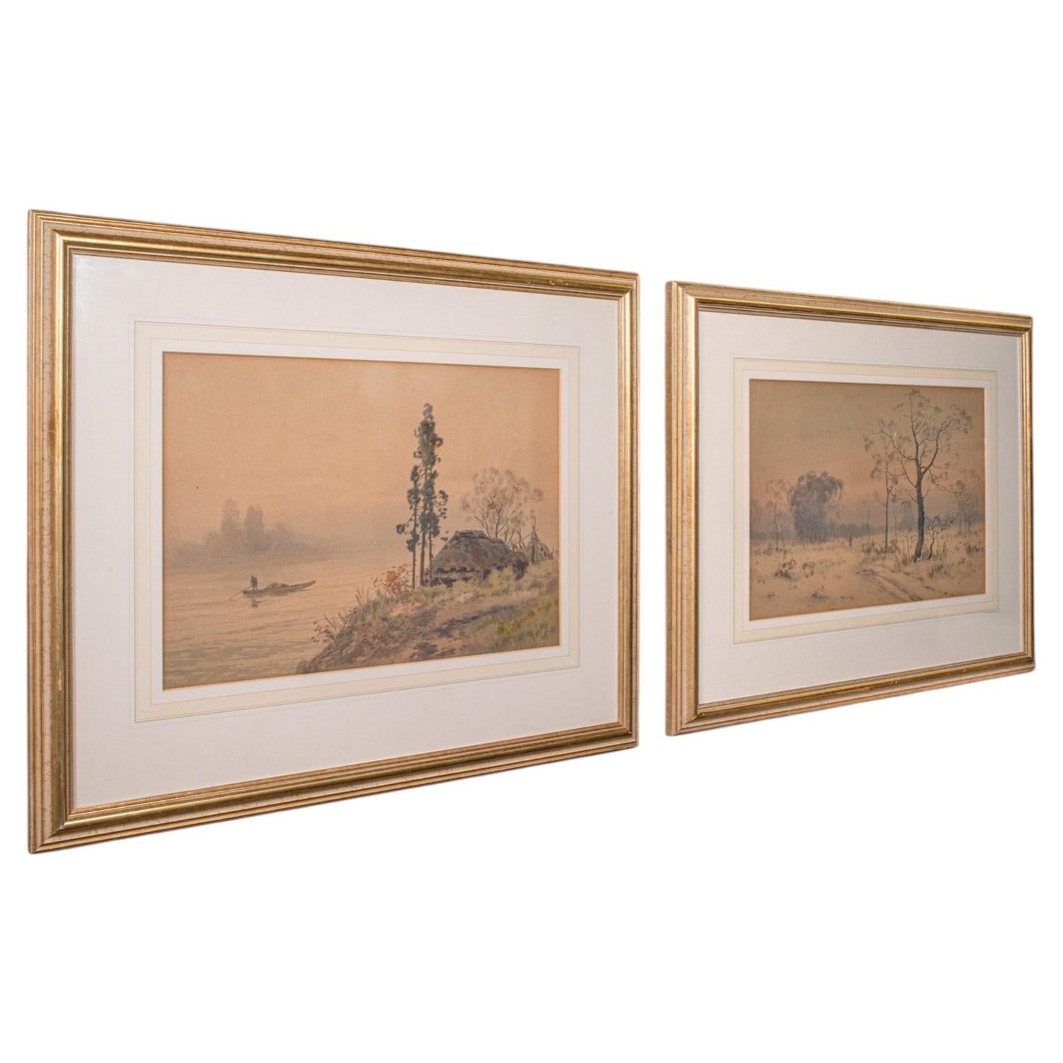 Pair of Vintage Landscape Paintings, Oriental, Watercolour, Art, Mid Century
