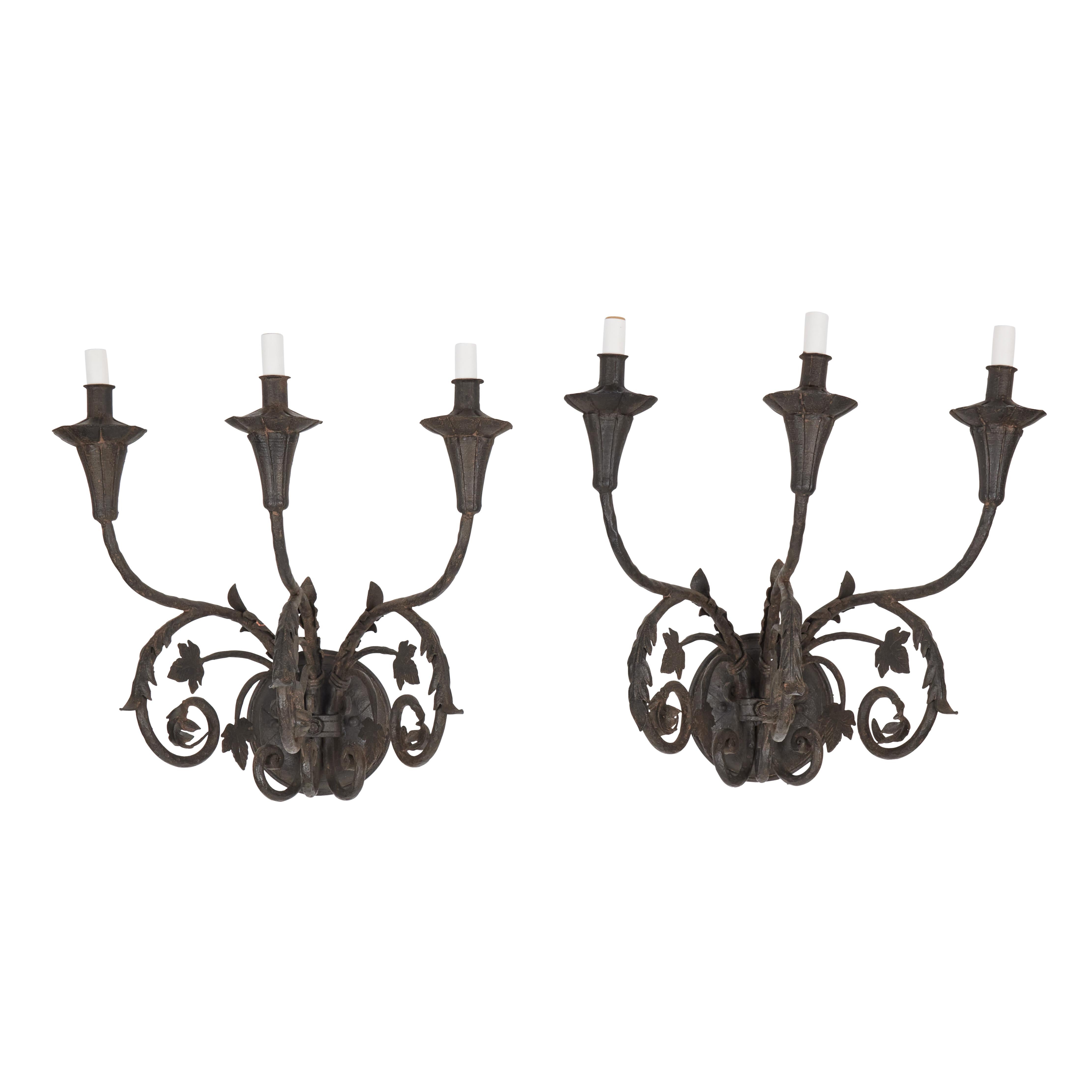 Pair of Vintage Large 3-Arm Iron Sconces with New 'French Iron' Finish  In Good Condition For Sale In Pasadena, CA