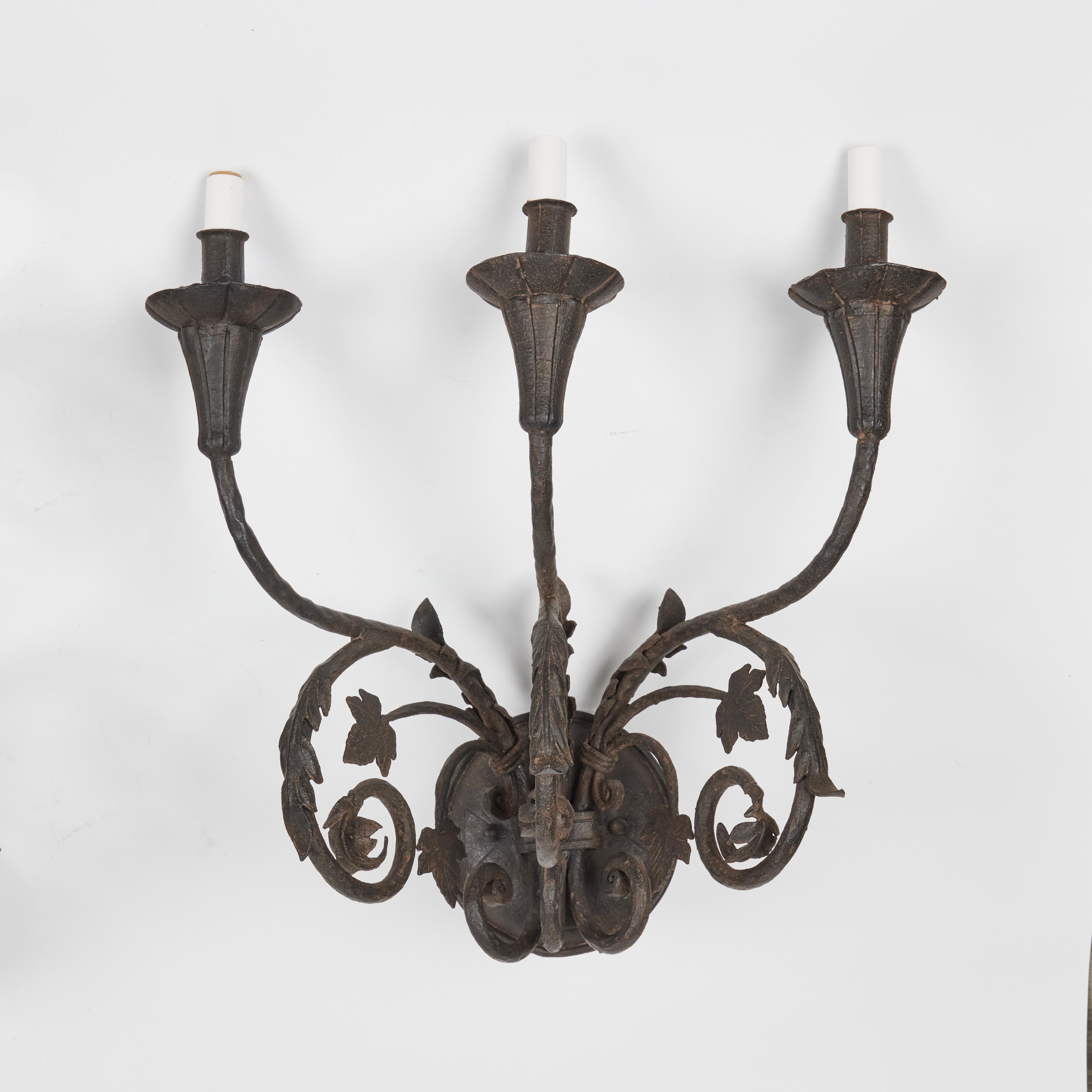 20th Century Pair of Vintage Large 3-Arm Iron Sconces with New 'French Iron' Finish  For Sale