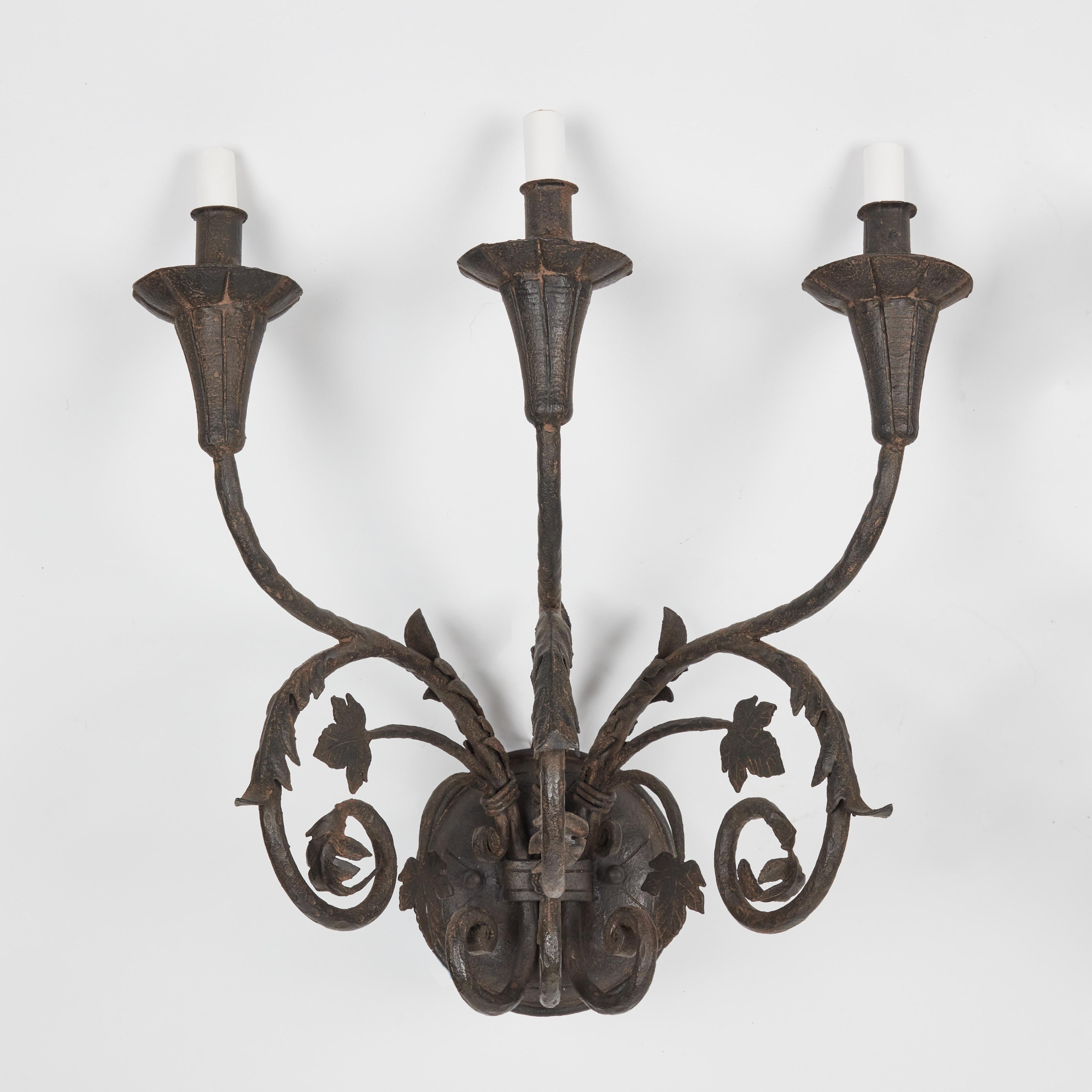 Pair of Vintage Large 3-Arm Iron Sconces with New 'French Iron' Finish  For Sale 1