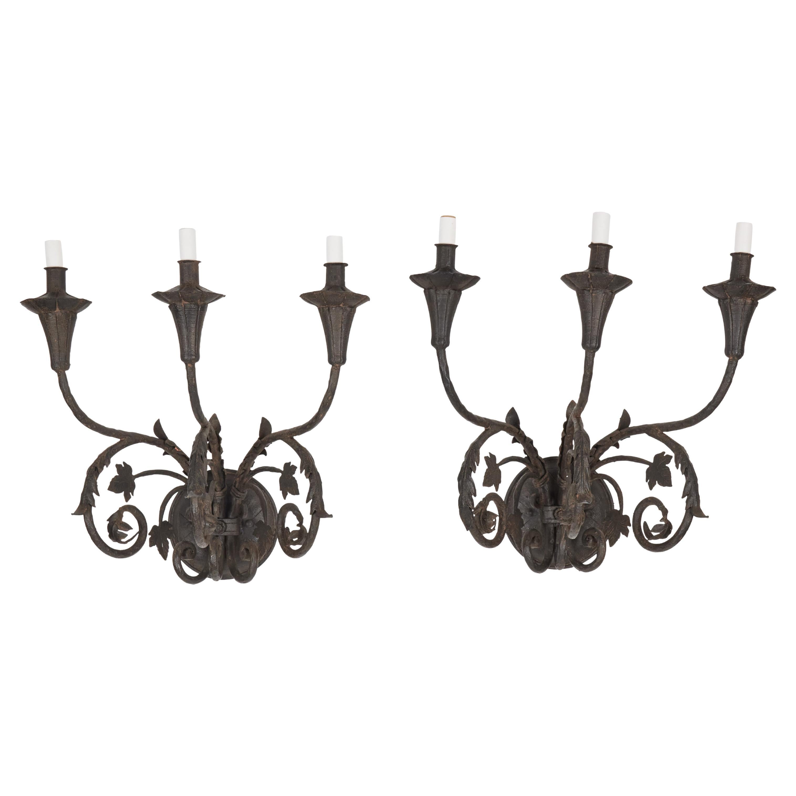 Pair of Vintage Large 3-Arm Iron Sconces with New 'French Iron' Finish  For Sale