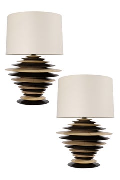 Pair Of Vintage Large Art Deco Ebony And Cream Colored Discus Lamps