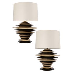 Pair Of Vintage Large Art Deco Ebony And Cream Colored Discus Lamps