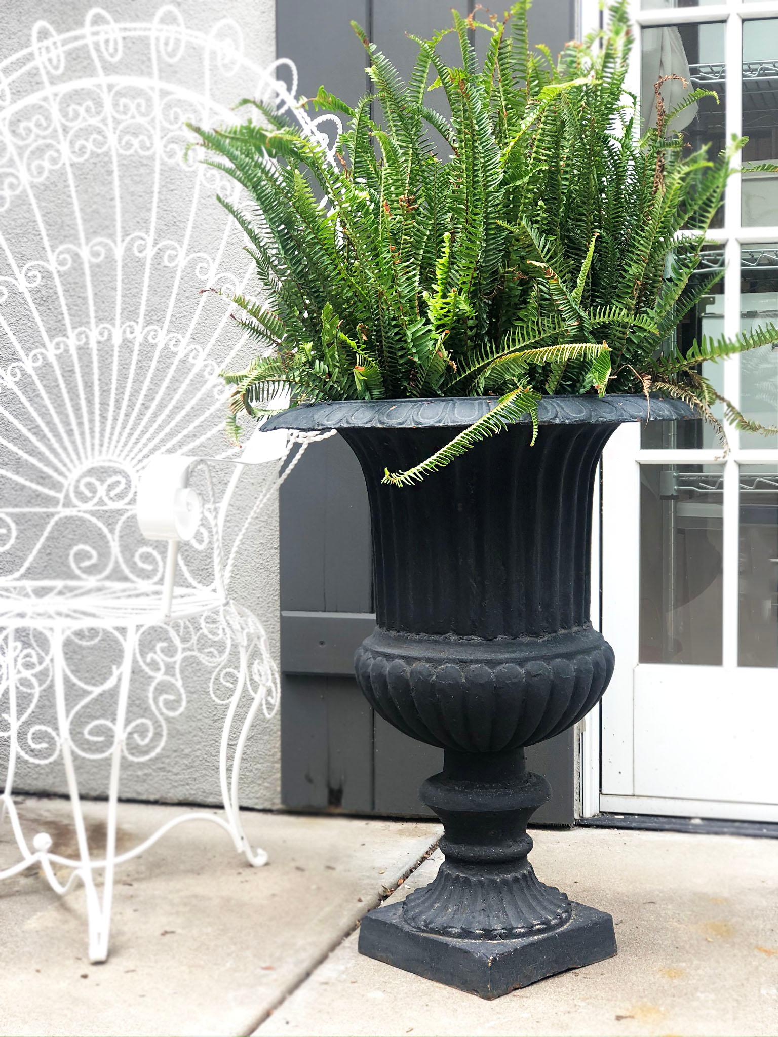 Pair of Vintage Large Black Cast Iron Neoclassical Urn Planter Jardinière In Good Condition In Wichita, KS