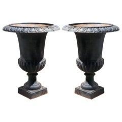 Pair of Vintage Large Black Cast Iron Neoclassical Urn Planters