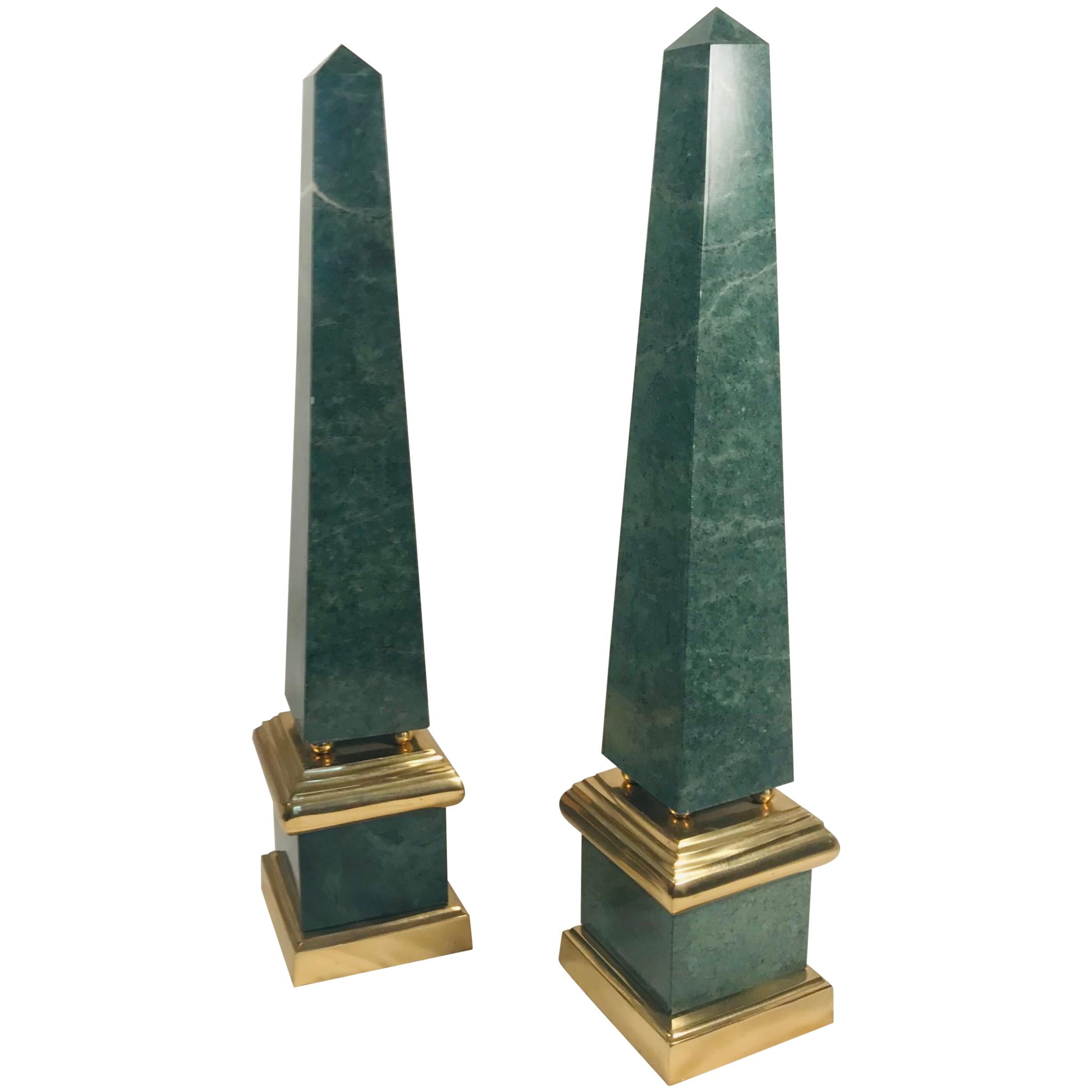 Pair of Vintage Large Green Obelisks, Brass Mounted