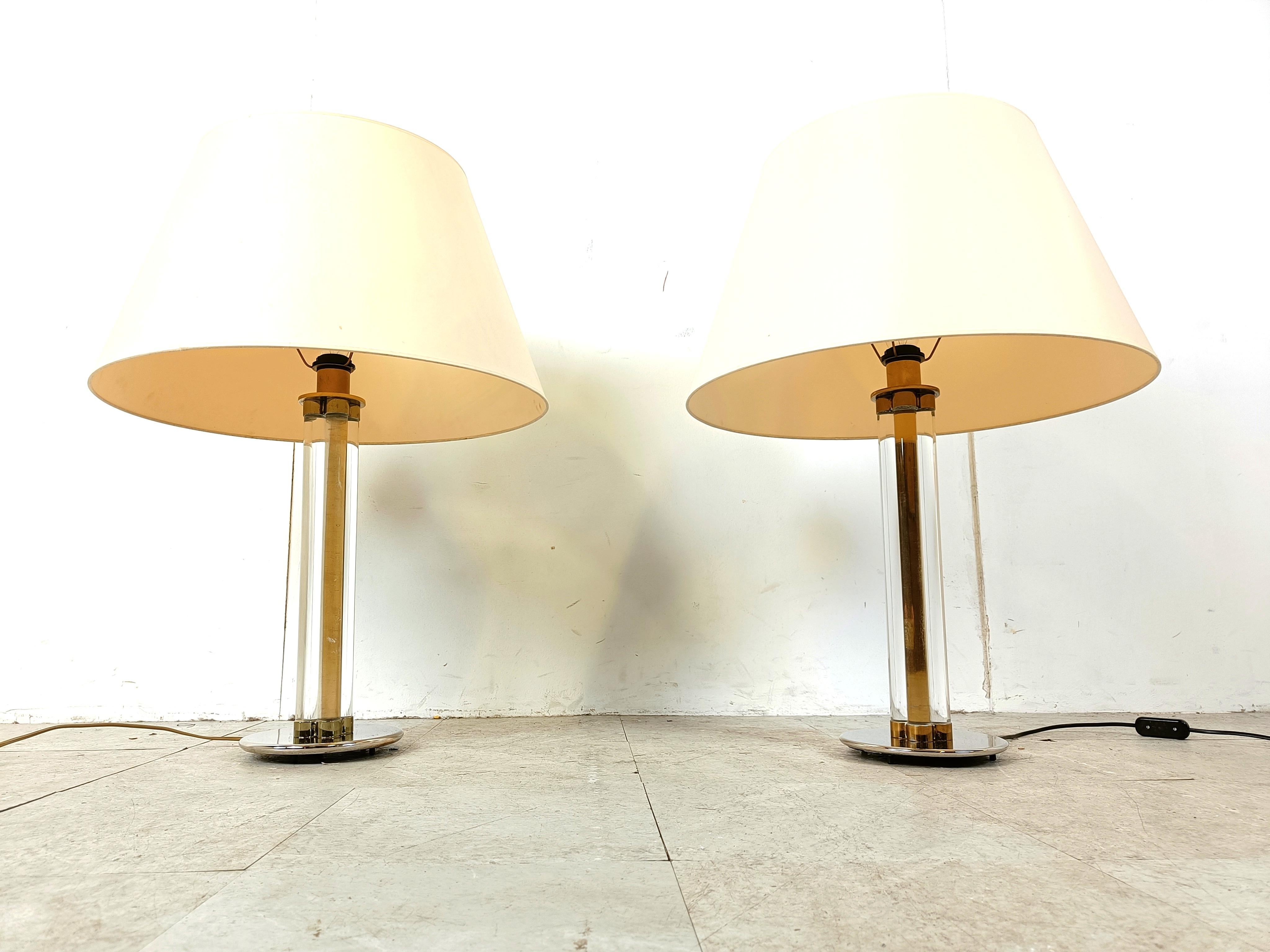 Belgian Pair of vintage large lucite table lamps, 1970s For Sale