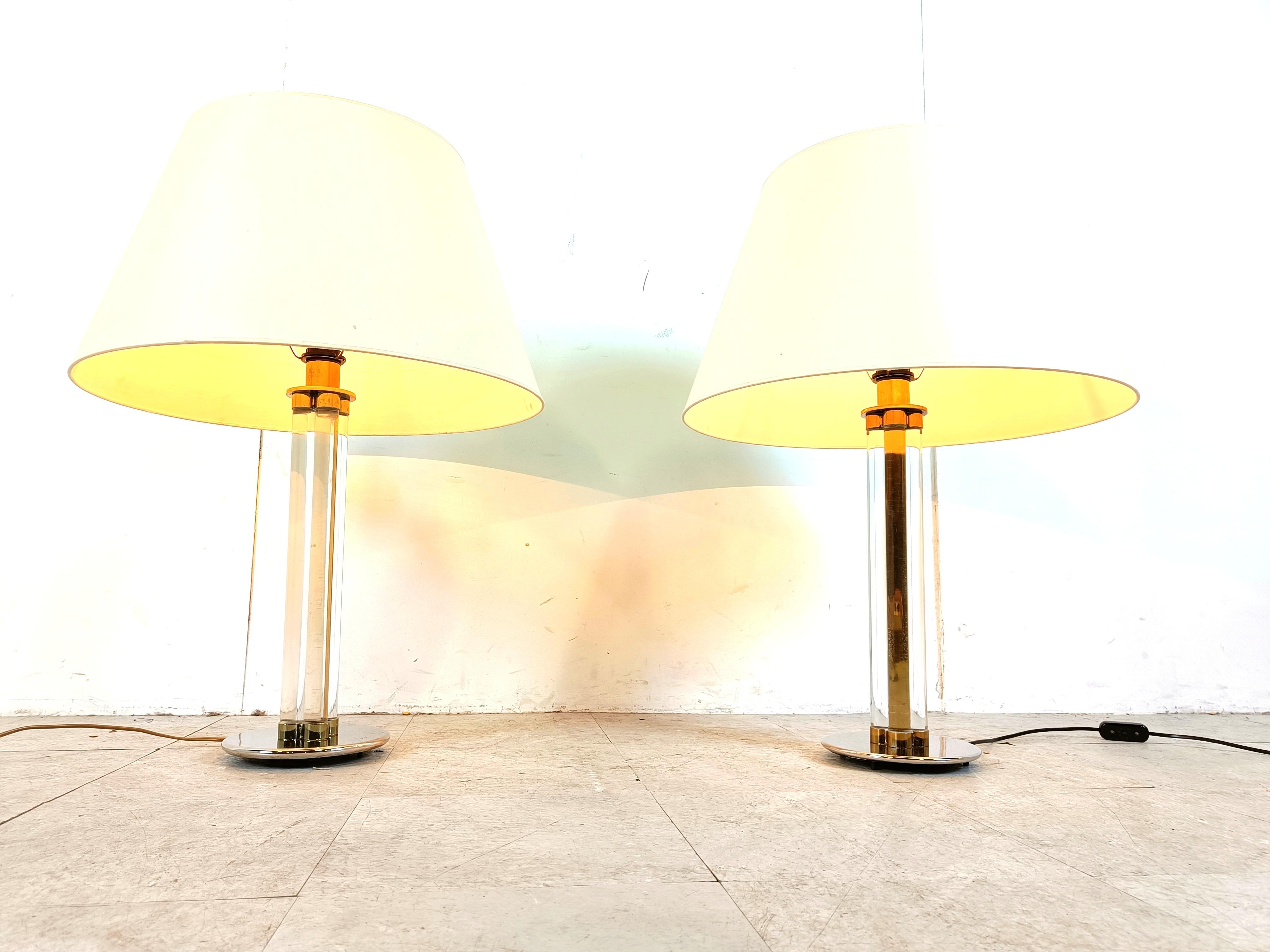 Brass Pair of vintage large lucite table lamps, 1970s For Sale