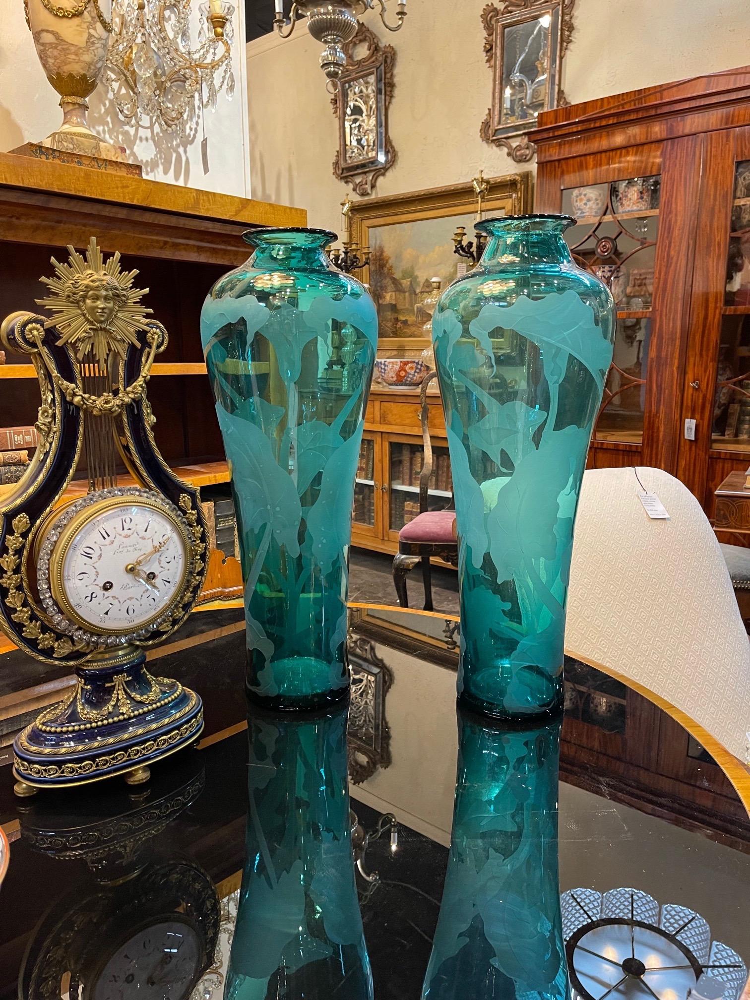 Gorgeous pair of large scale Italian green glass tulip vases. Beautifully etched with a pretty floral design. Fabulous!