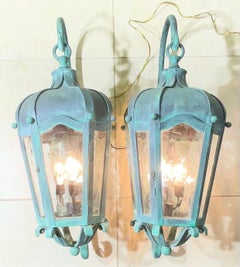 Pair of Vintage Large Solid Brass Outdoor Wall Lanterns