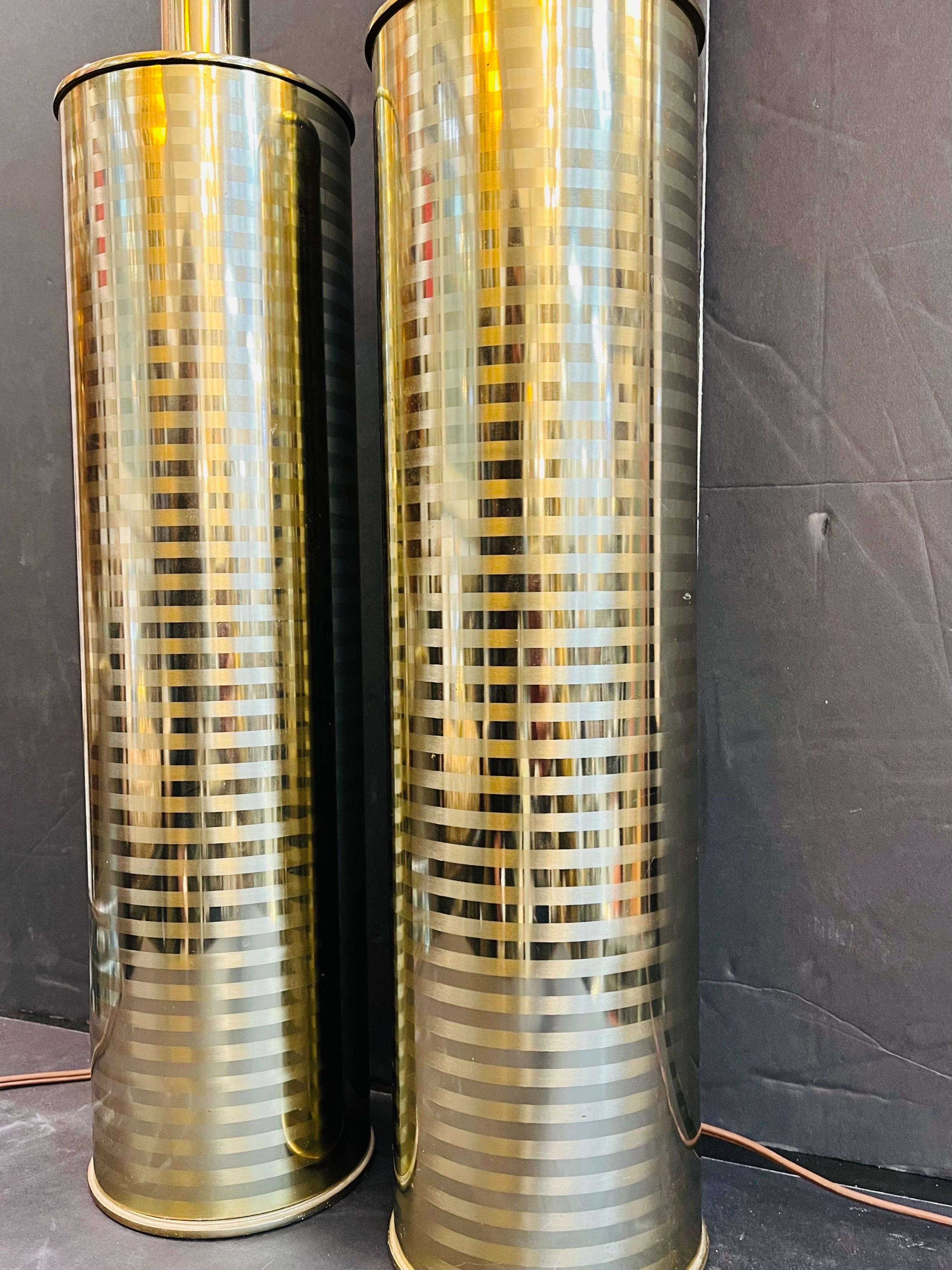 Mid-Century Modern Pair of Vintage Laurel Lamp Company Striped Brassy Cylindrical Tall Table Lamps 
