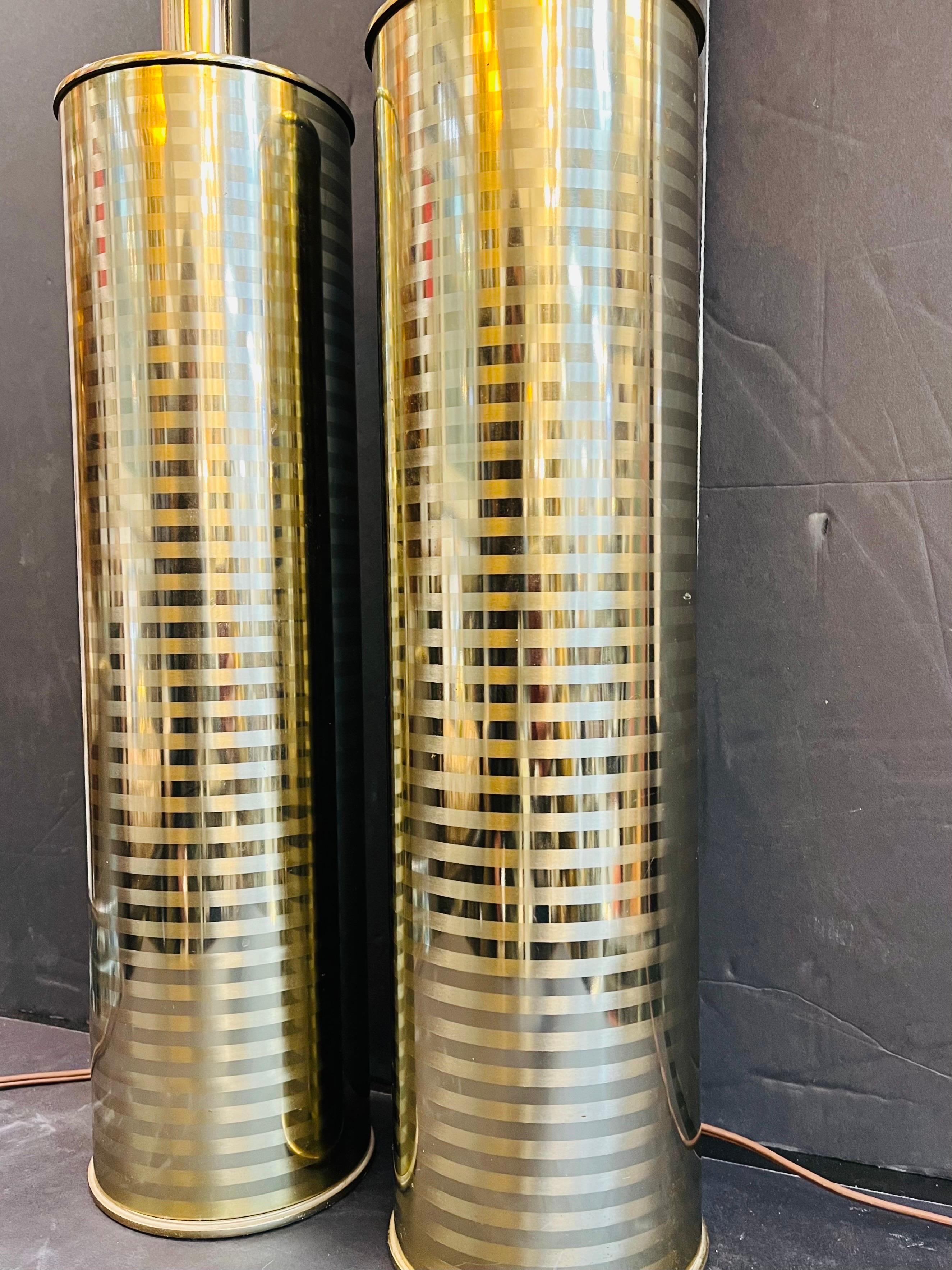 Mid-Century Modern Pair of Vintage Laurel Lamp Company Striped Brassy Cylindrical Tall Table Lamps