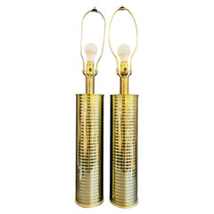 Pair of Vintage Laurel Lamp Company Striped Brassy Cylindrical Tall Table Lamps
