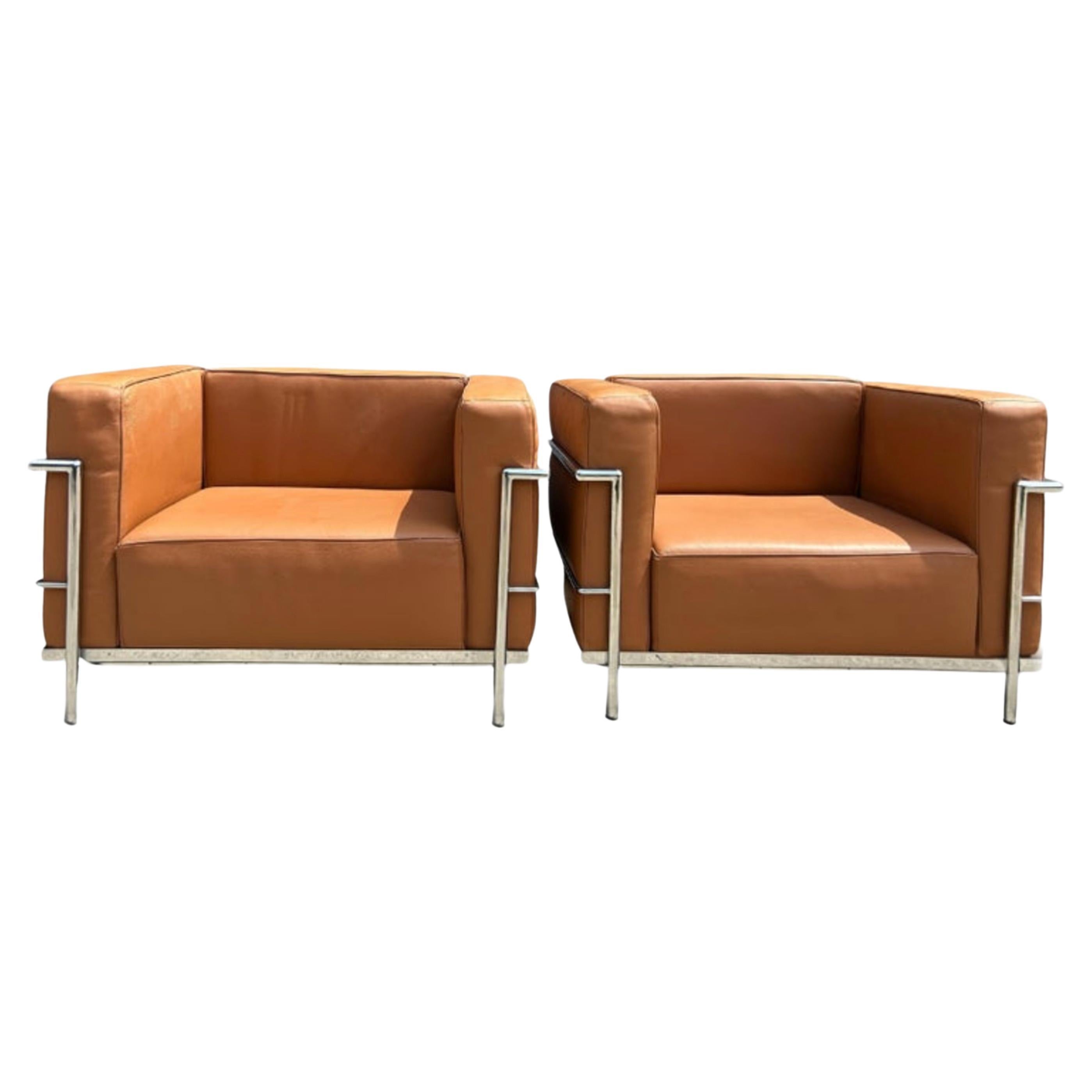 Pair of Vintage LC3 leather chrome frame lounge chairs by Le Corbusier
