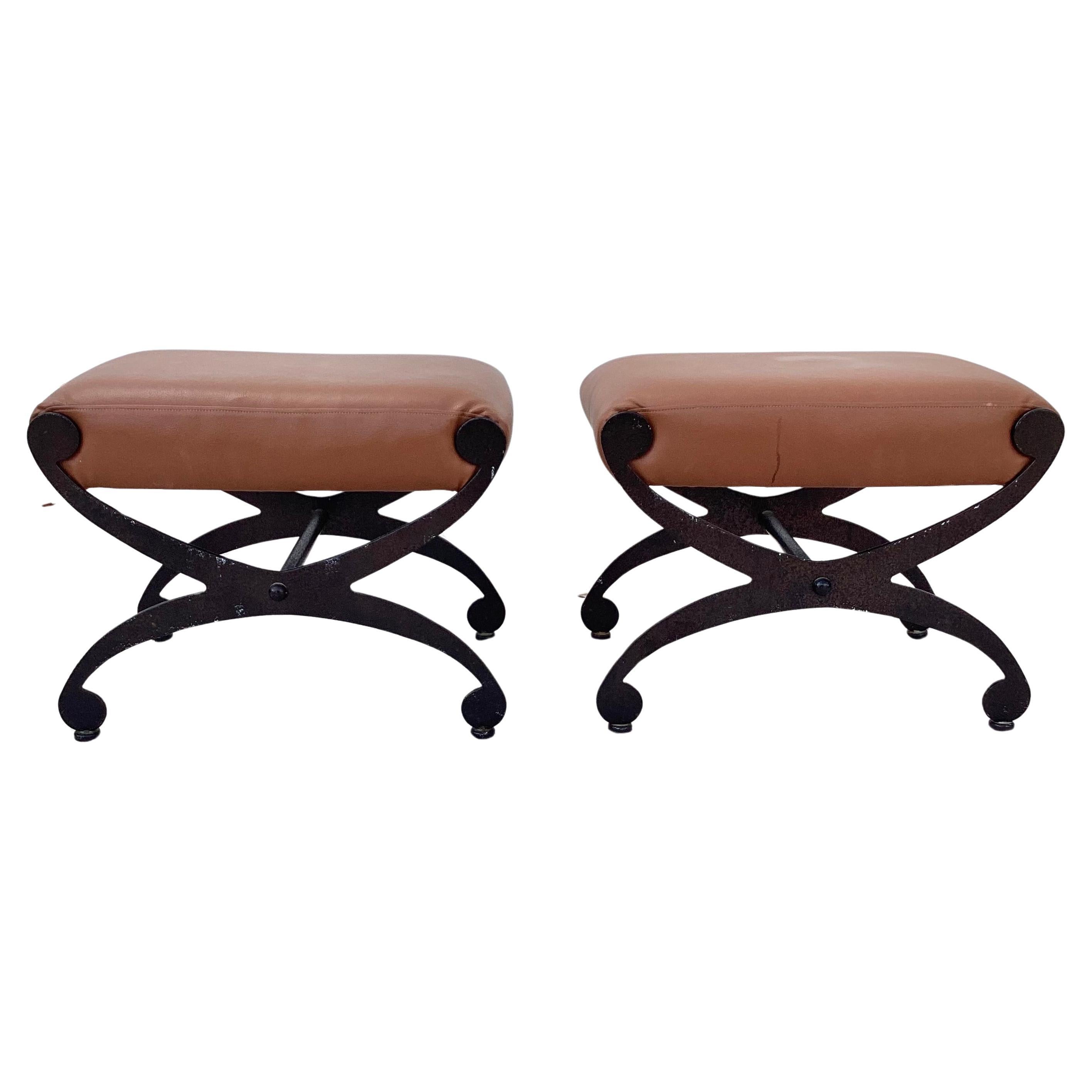 Pair of Vintage Leather And Iron Footstools