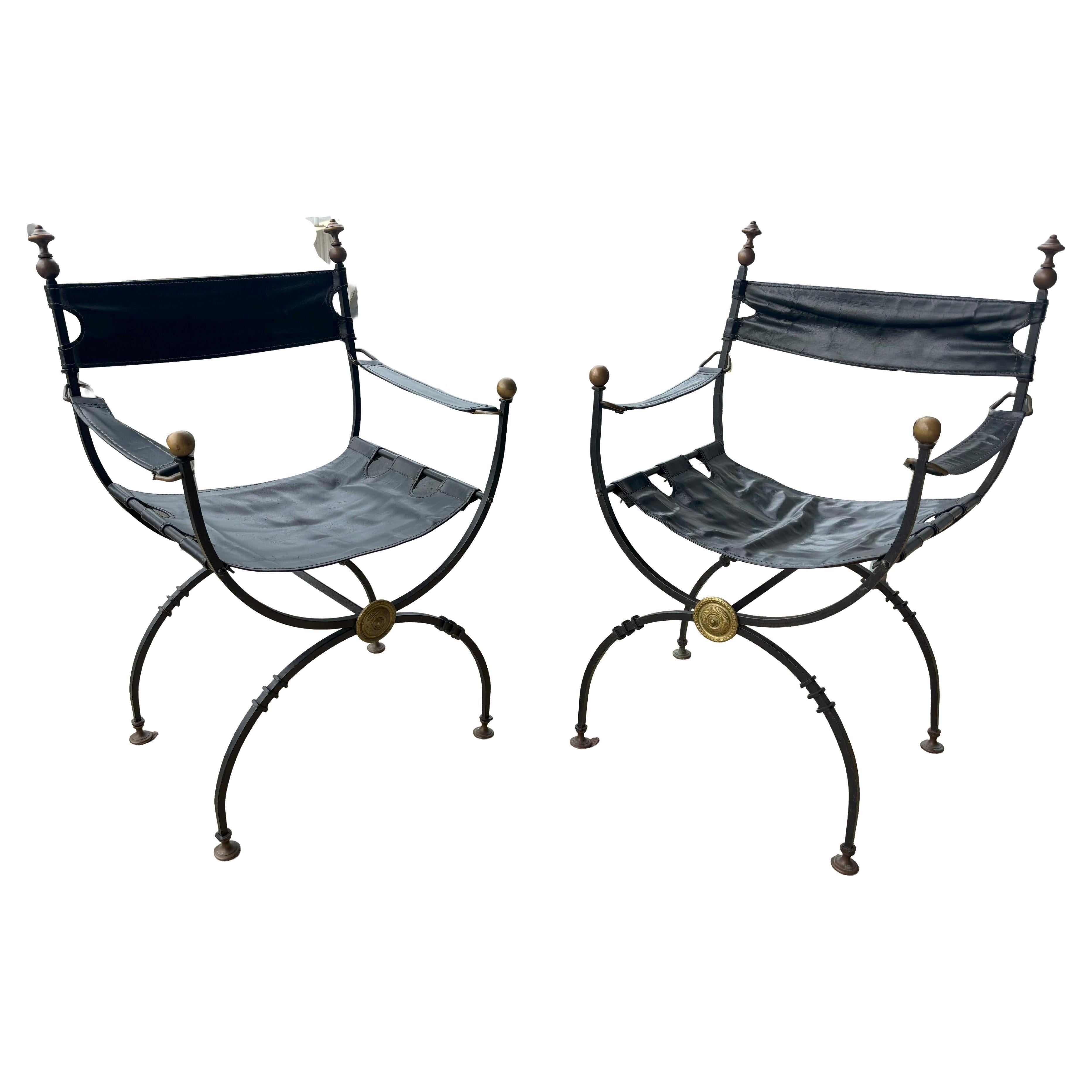 Pareja De Sillas De Estudio Vintage De Cuero Y Hierro en venta