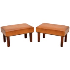 Pair of Vintage Leather and Mahogany Foot Stools