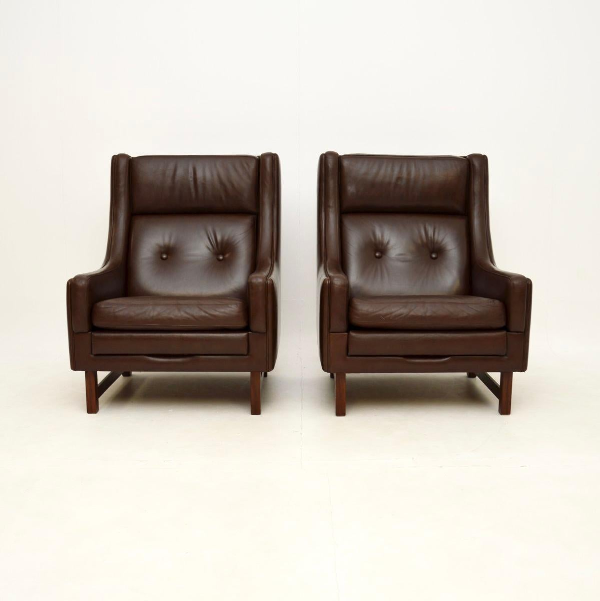 A smart and extremely comfortable pair of vintage leather armchairs by Torbjorn Afdal for Bruksbo. They were made in Norway, they date from around the 1970’s.

They are of outstanding quality, they are upholstered in a gorgeous brown leather which
