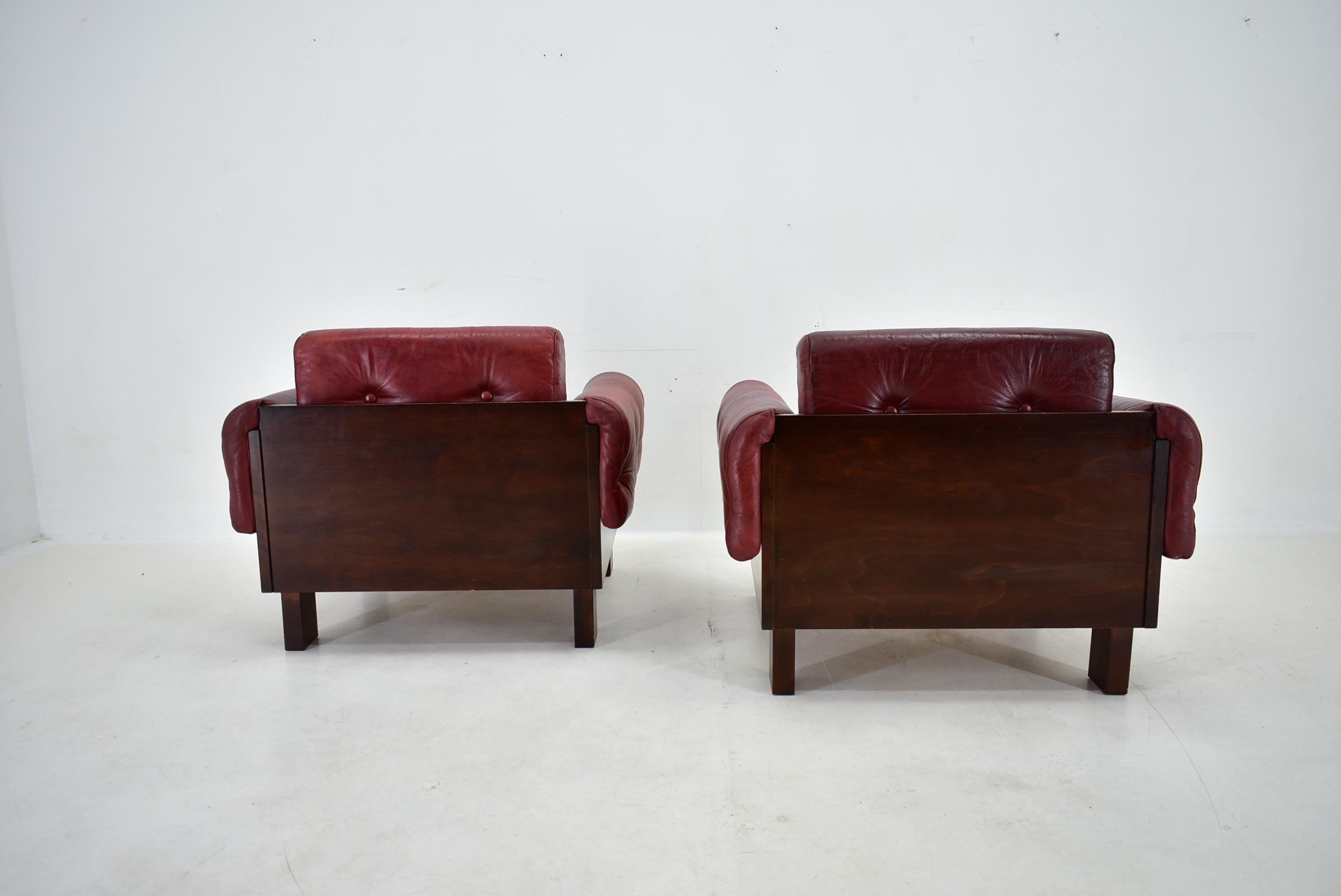 Pair of vintage leather armchairs , Czechoslovakia 1970s For Sale 6