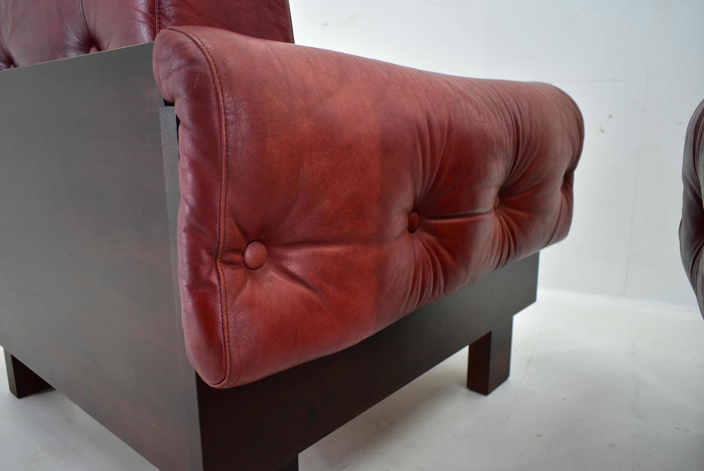 Pair of vintage leather armchairs , Czechoslovakia 1970s For Sale 11