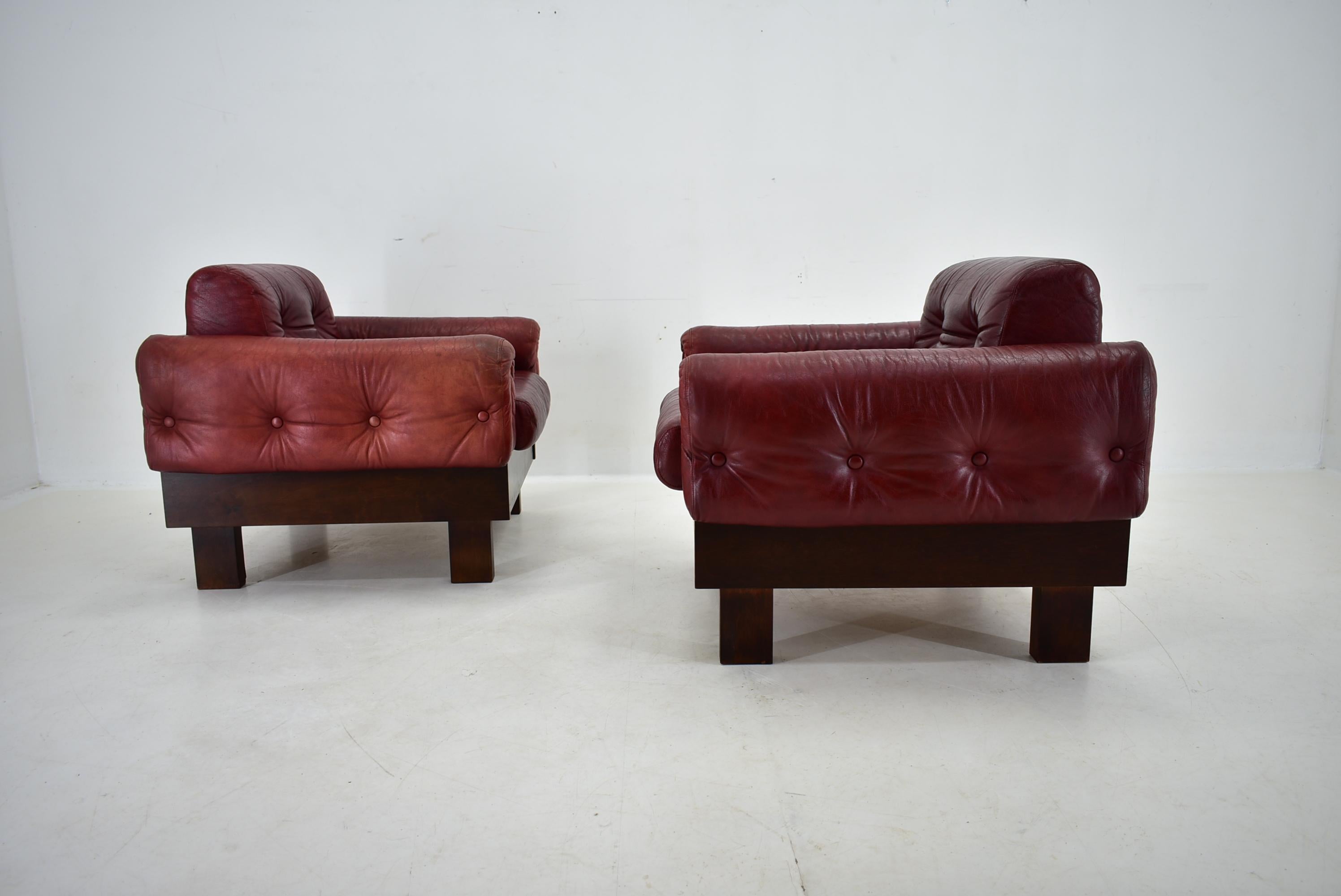Pair of vintage leather armchairs , Czechoslovakia 1970s For Sale 12