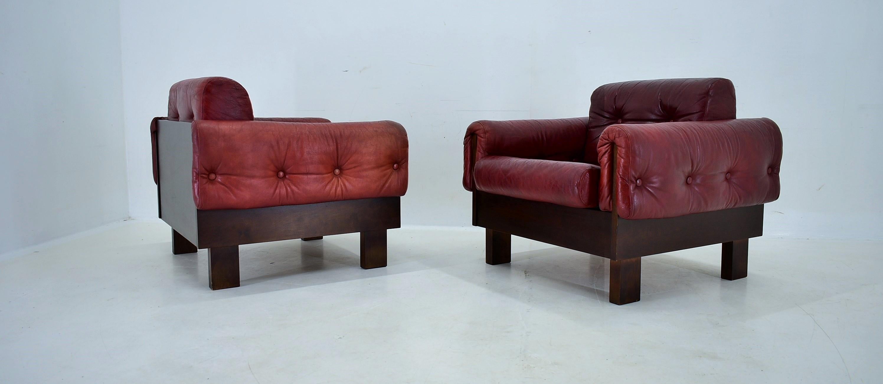 Pair of vintage leather armchairs , Czechoslovakia 1970s For Sale 13
