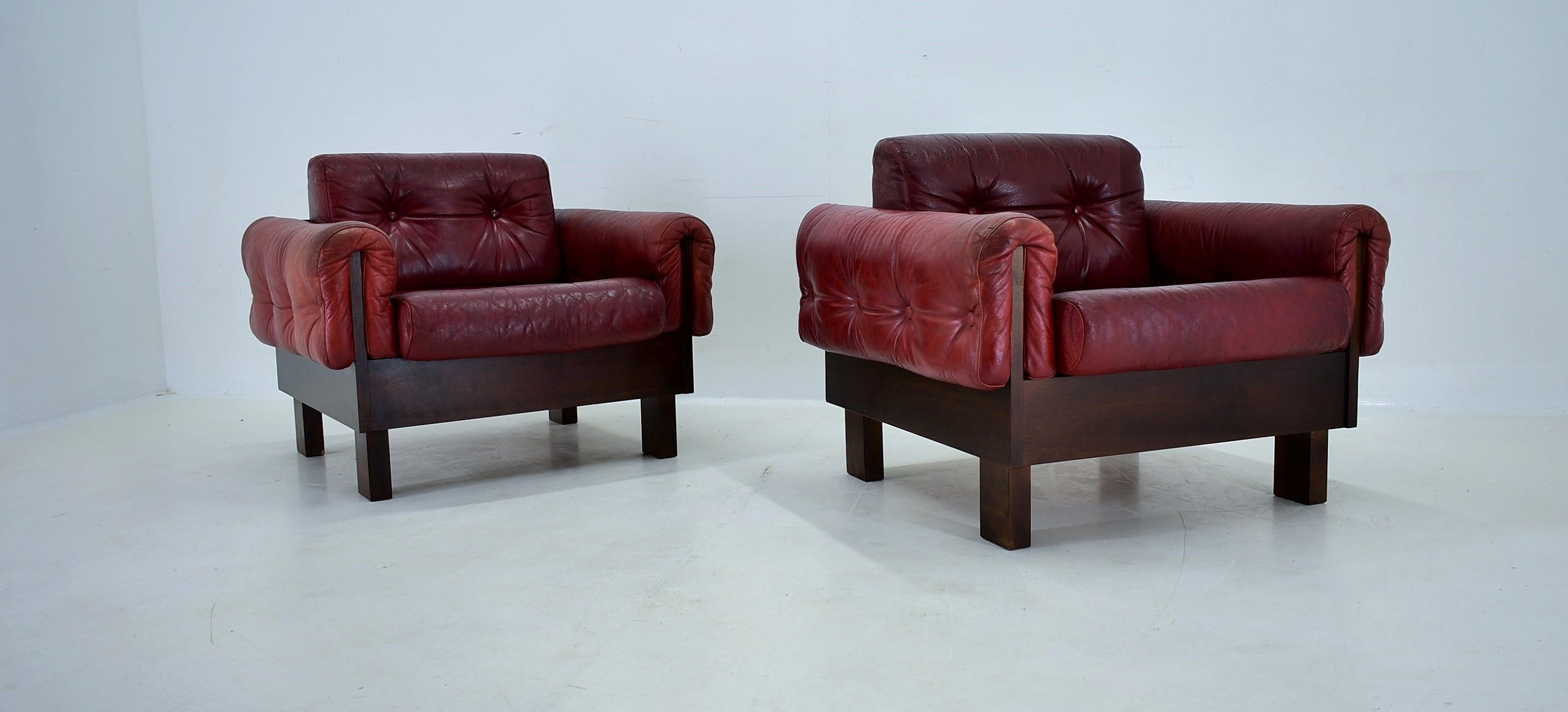 Pair of vintage leather armchairs , Czechoslovakia 1970s For Sale 14