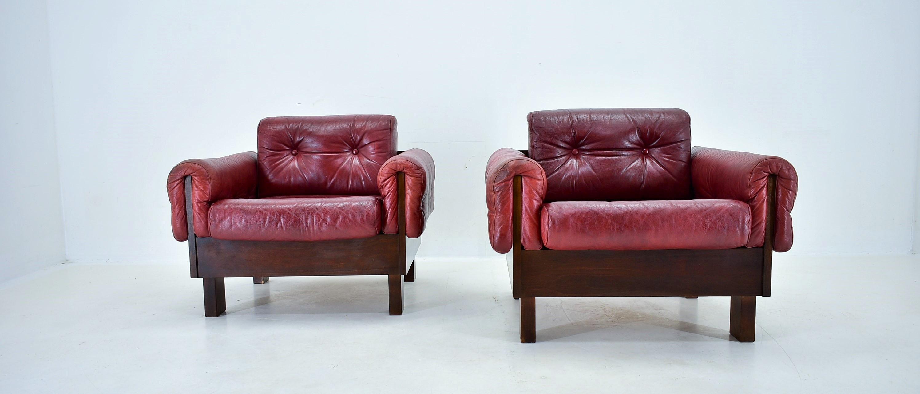 Mid-Century Modern Pair of vintage leather armchairs , Czechoslovakia 1970s For Sale