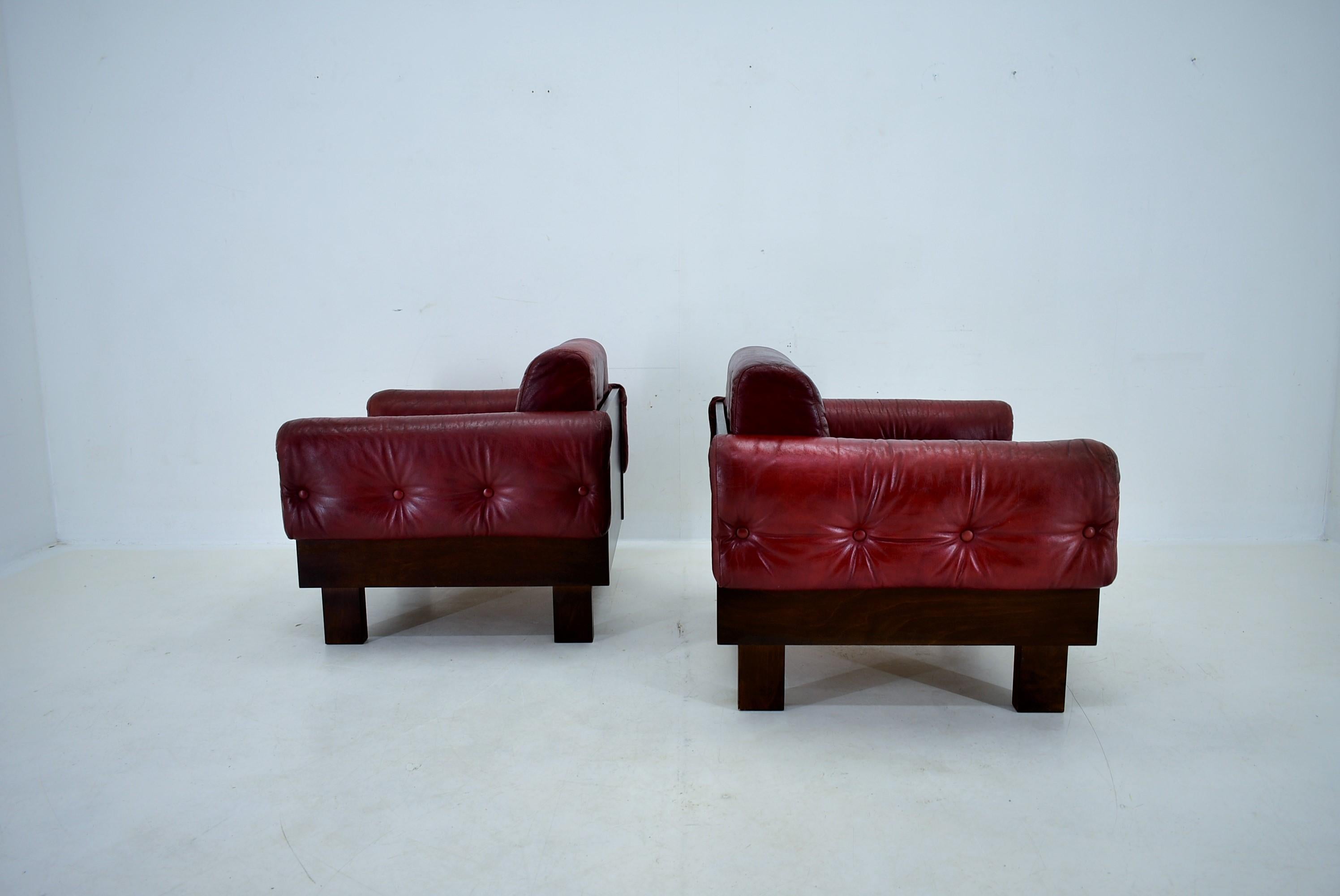Pair of vintage leather armchairs , Czechoslovakia 1970s For Sale 2