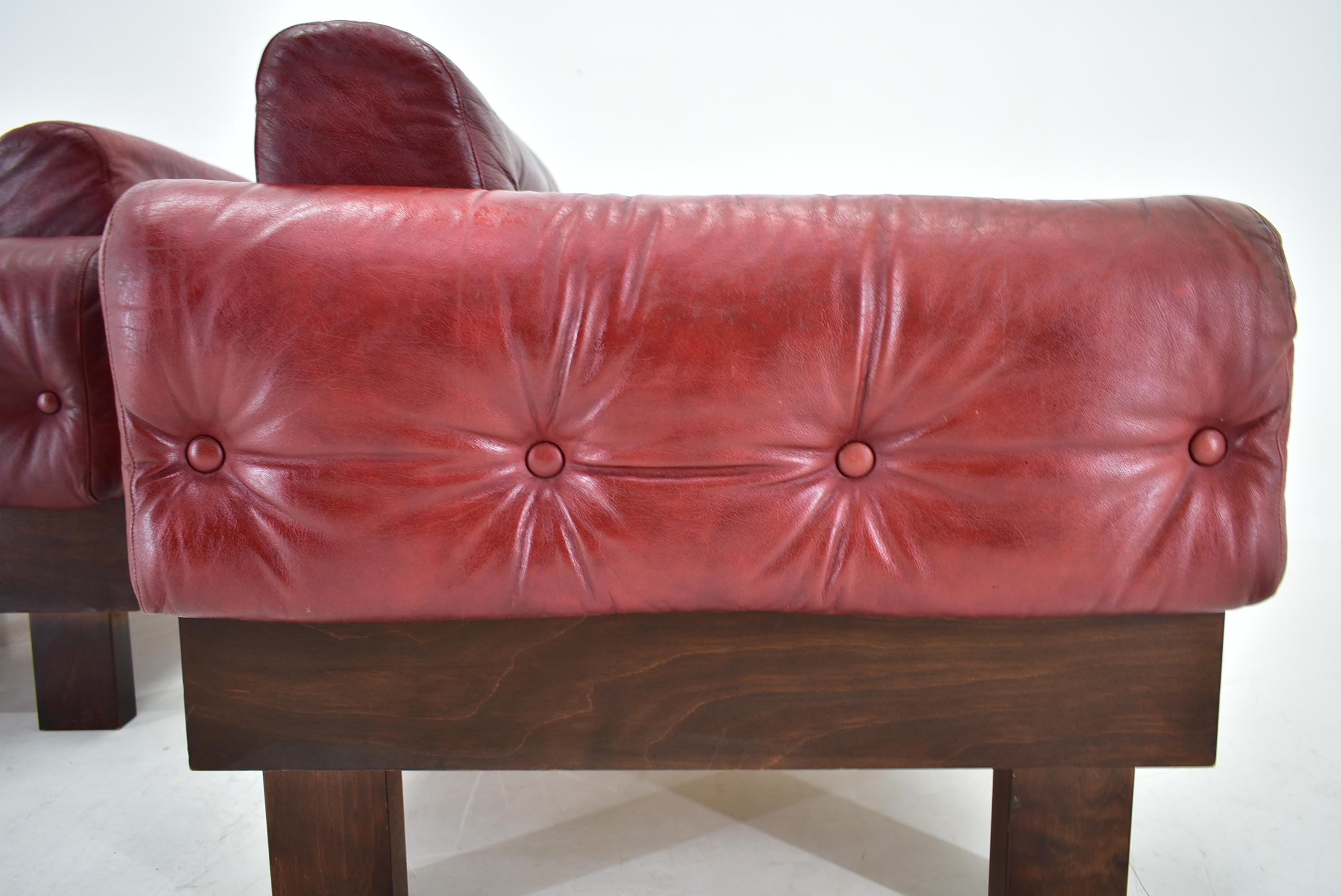 Pair of vintage leather armchairs , Czechoslovakia 1970s For Sale 3