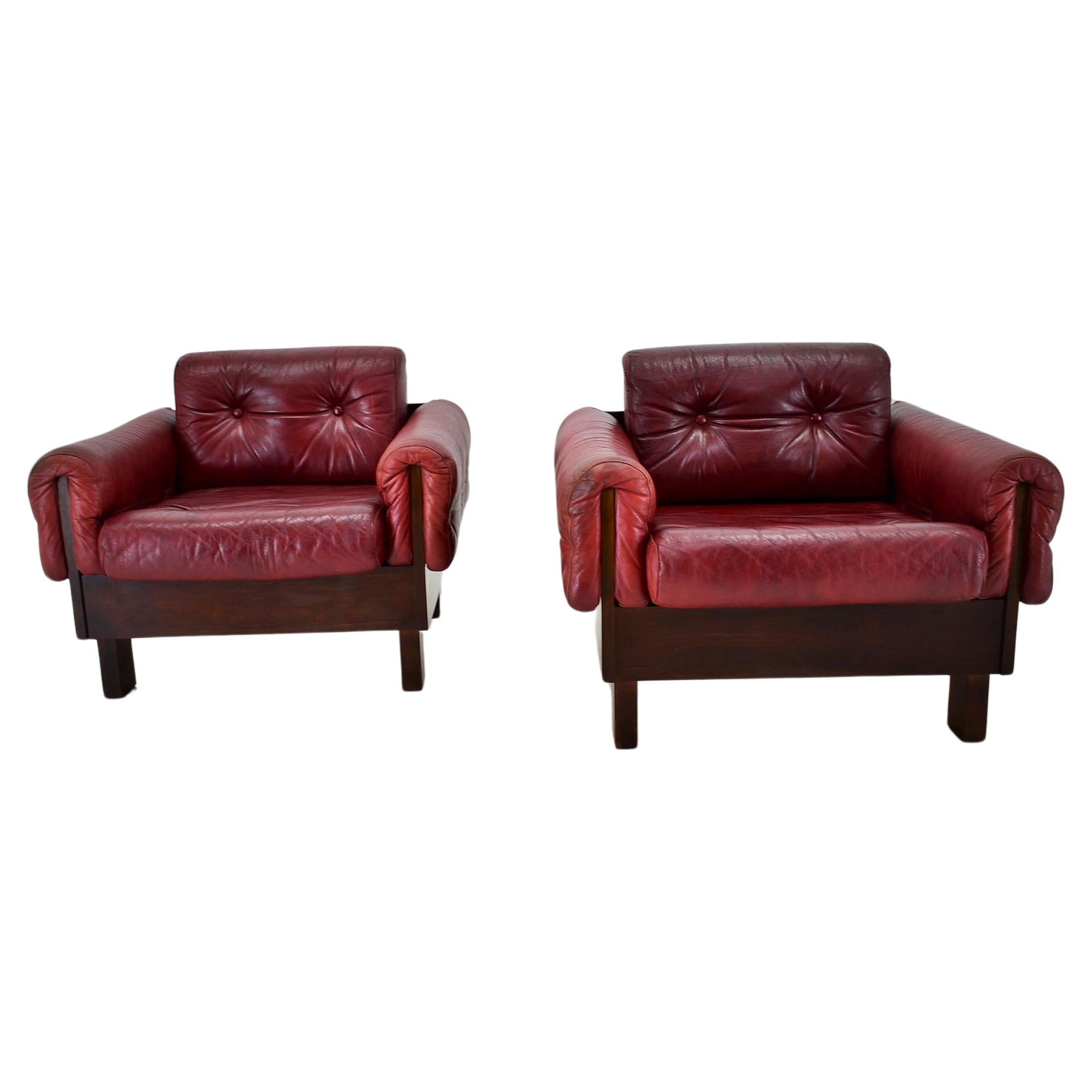 Pair of vintage leather armchairs , Czechoslovakia 1970s For Sale