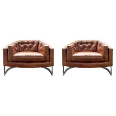 Pareja de sillones vintage de cuero al estilo de Milo Baughman, EE.UU. Años 70.