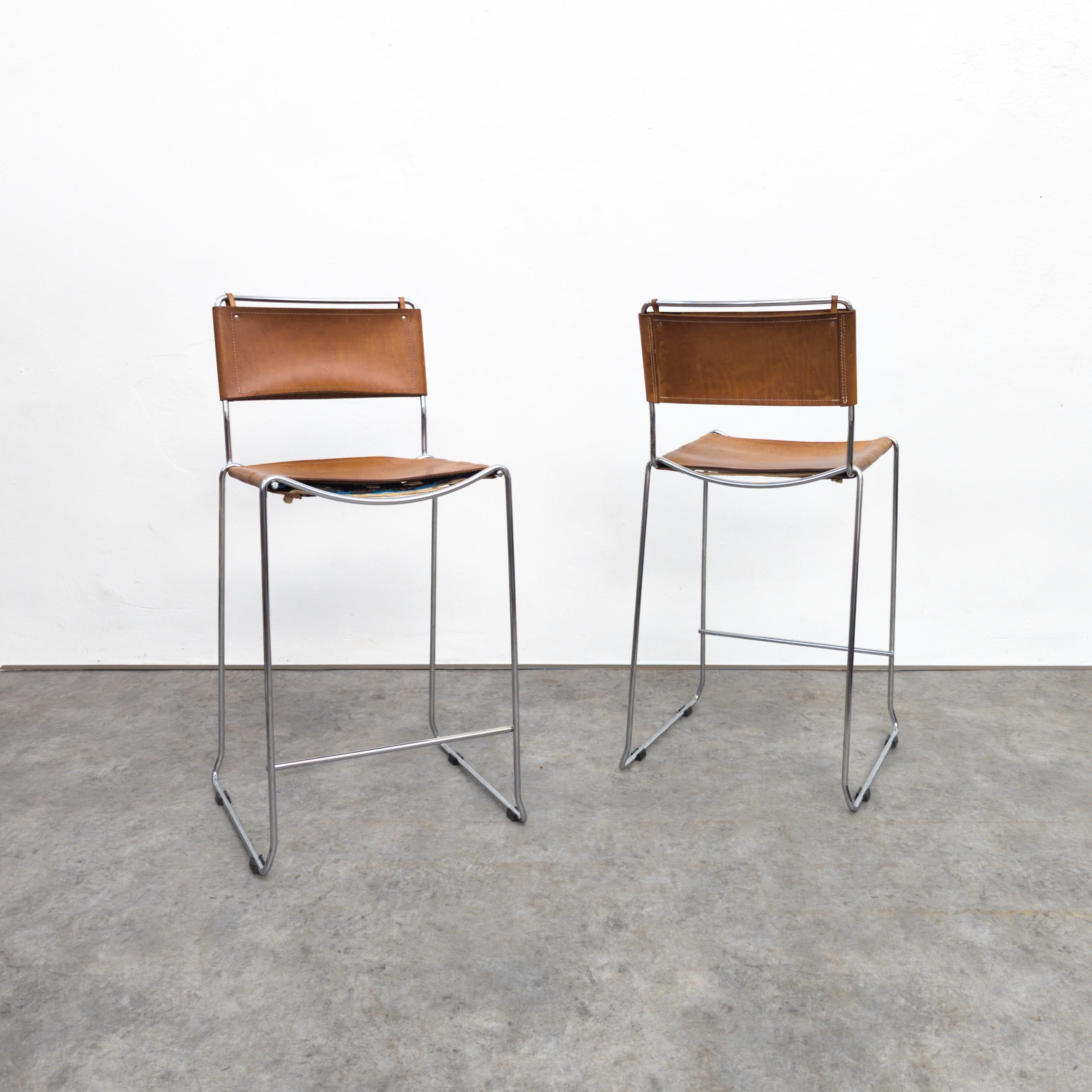 Italian Pair of vintage leather bar stools by Giandomenico Belotti for Alias, 1970s