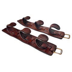 Pair of Vintage Leather & Brass Rifle Racks – France, 1970s