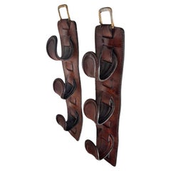 Pair of Vintage Leather & Brass Rifle Racks – France, 1970s
