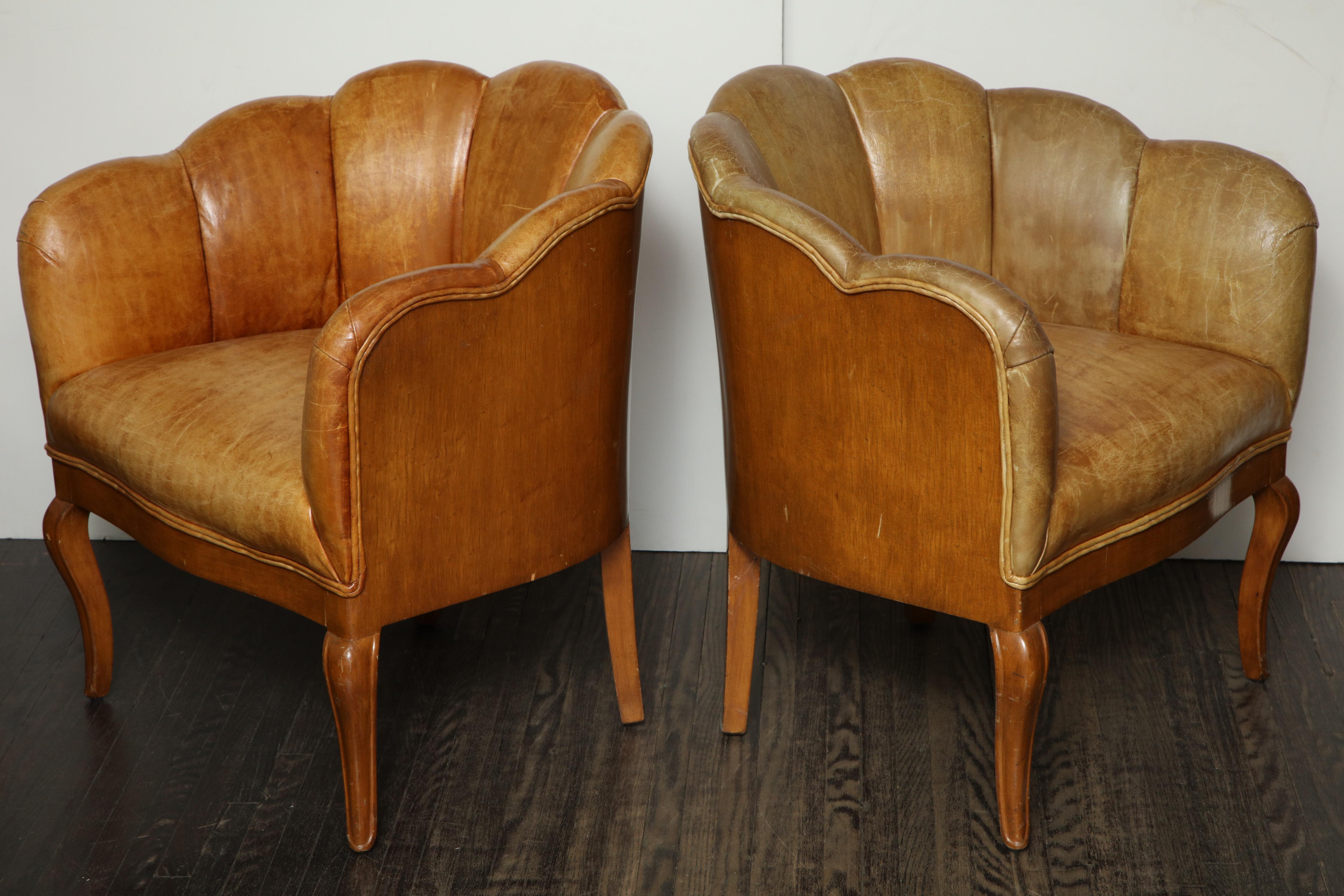 Mid-Century Modern Pair of Vintage Leather Channel Back Petite Chairs