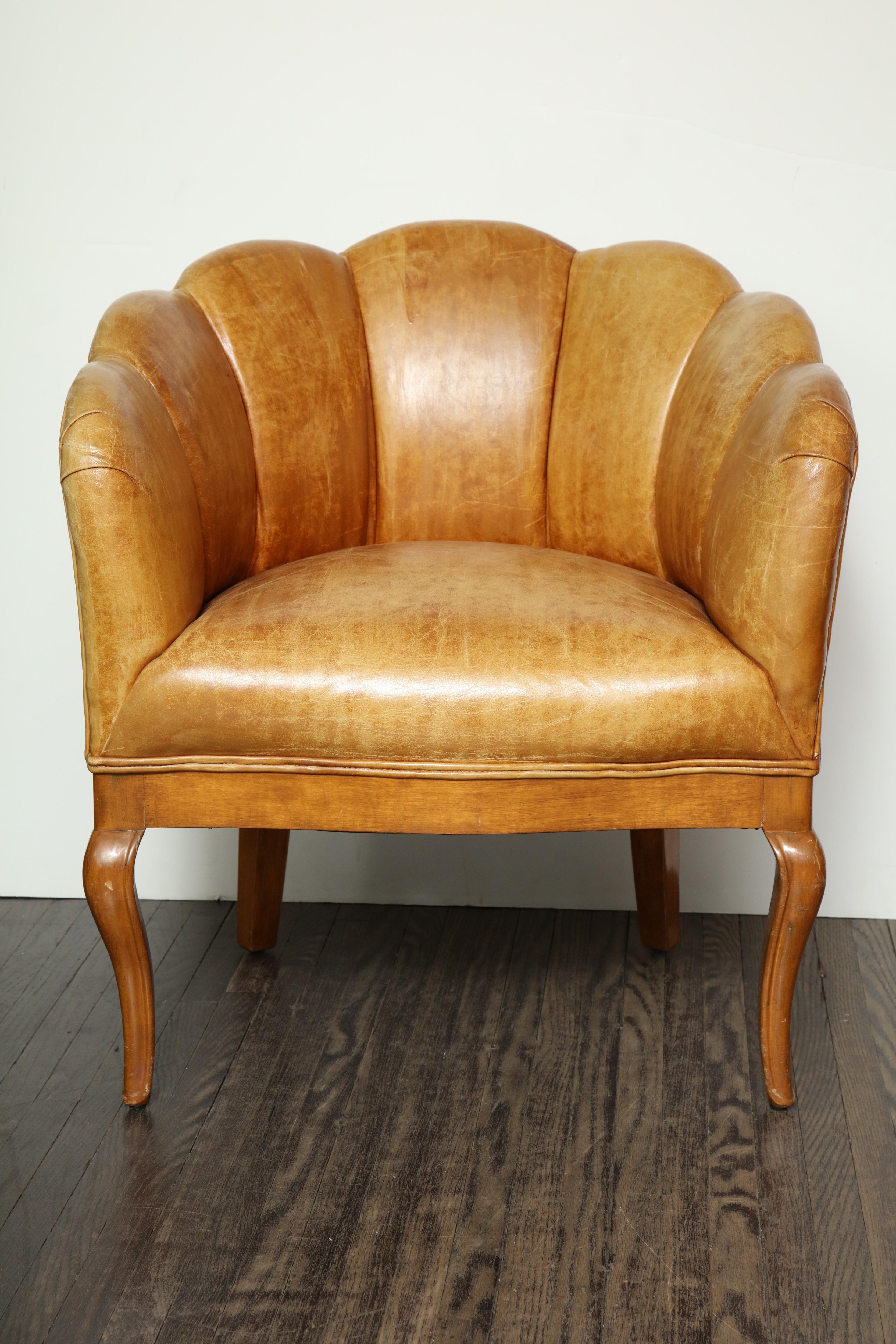 Mid-20th Century Pair of Vintage Leather Channel Back Petite Chairs