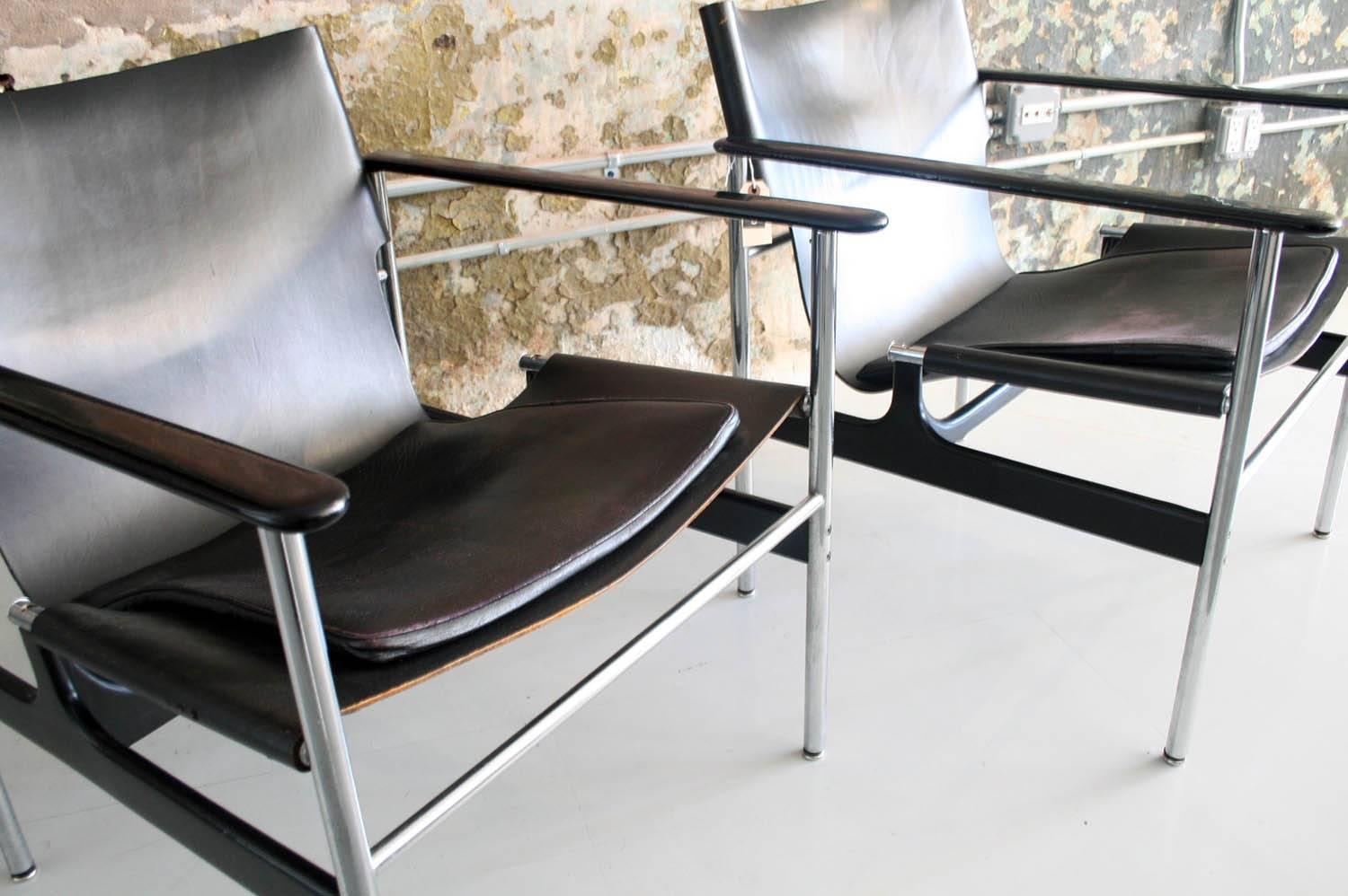 American Pair of Vintage Leather Charles Pollack Lounge Chairs in Black Leather for Knoll