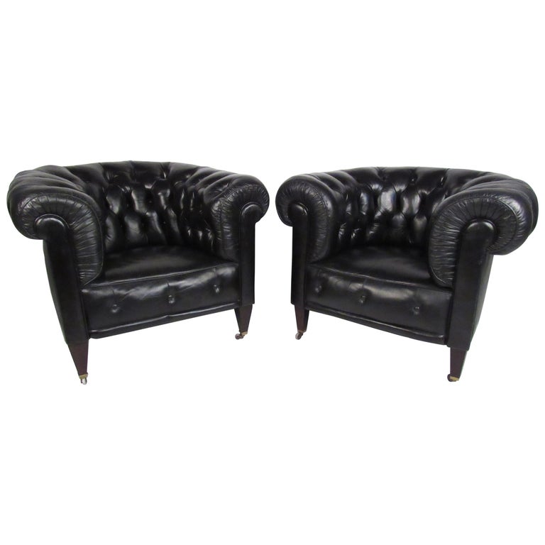 Pair Of Vintage Leather Chesterfield, Black Leather Chesterfield Style Sofa