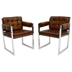 Pair of Retro Leather & Chrome Armchairs